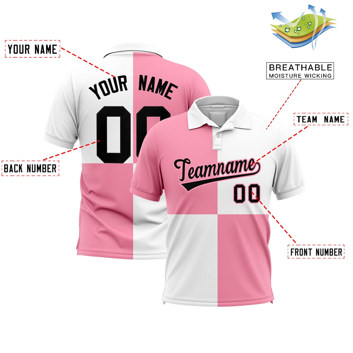 Custom Light Pink White Four Squares Design Performance Polo Shirt