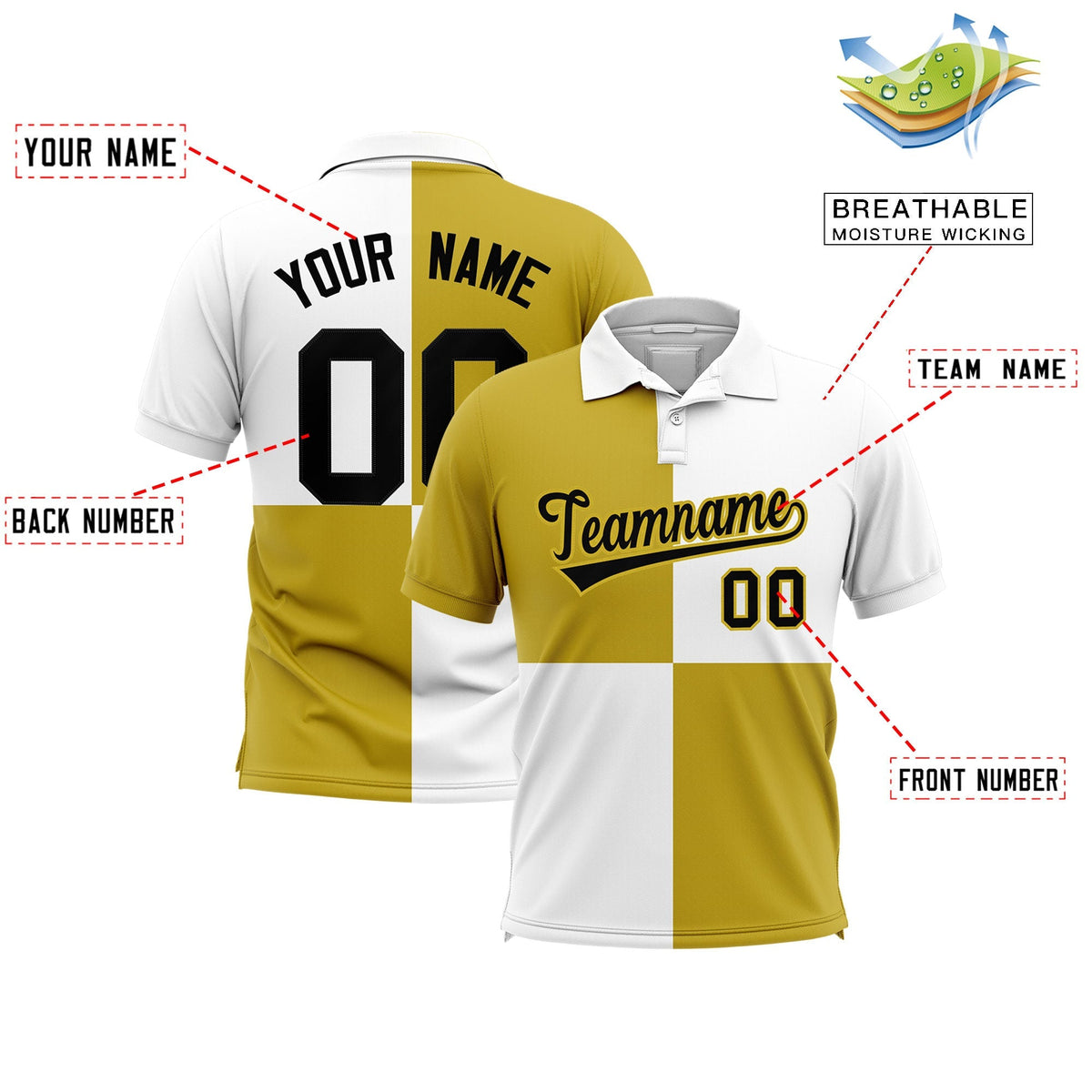 Custom Old Gold White Four Squares Design Performance Polo Shirt