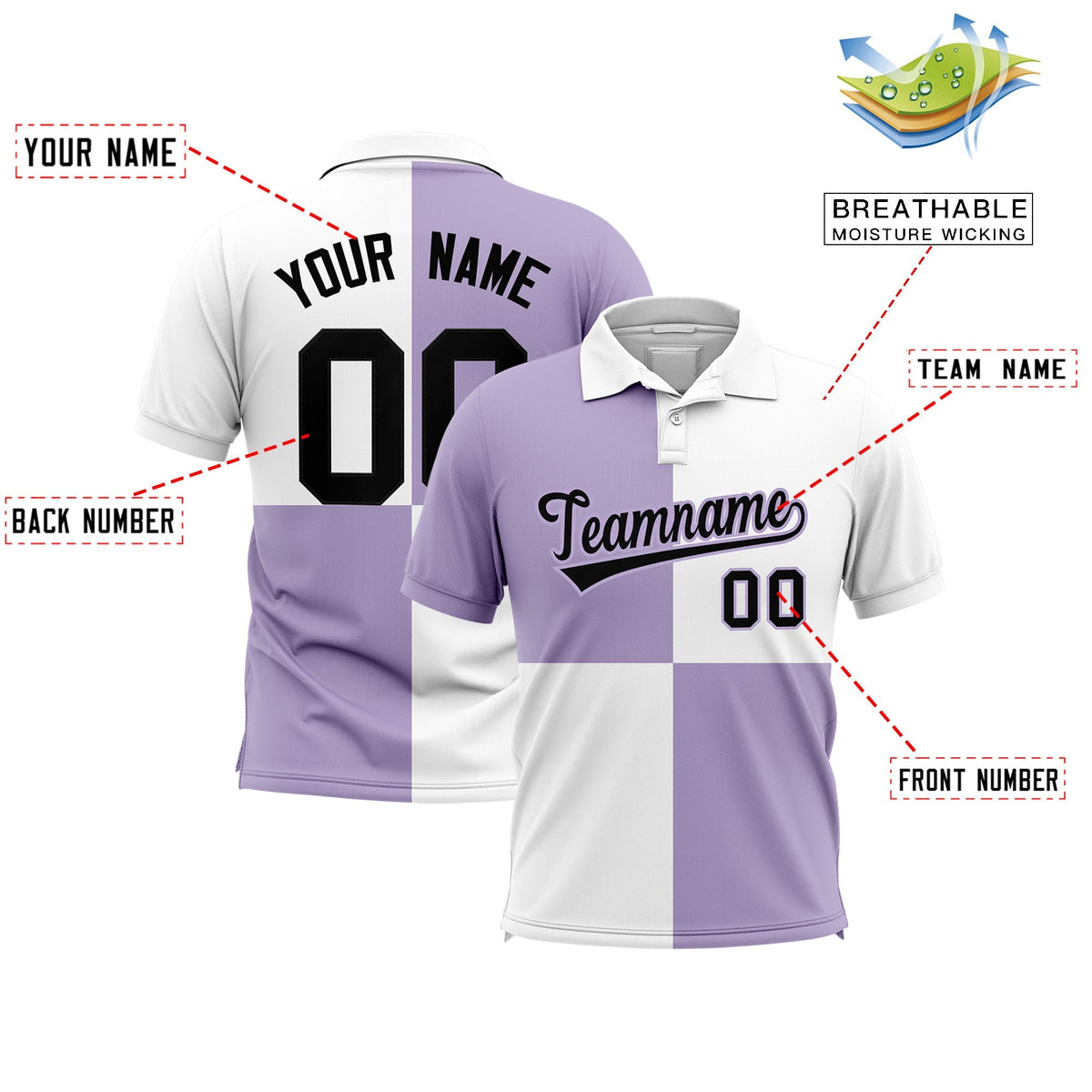 Custom Light Purple White Four Squares Design Performance Polo Shirt