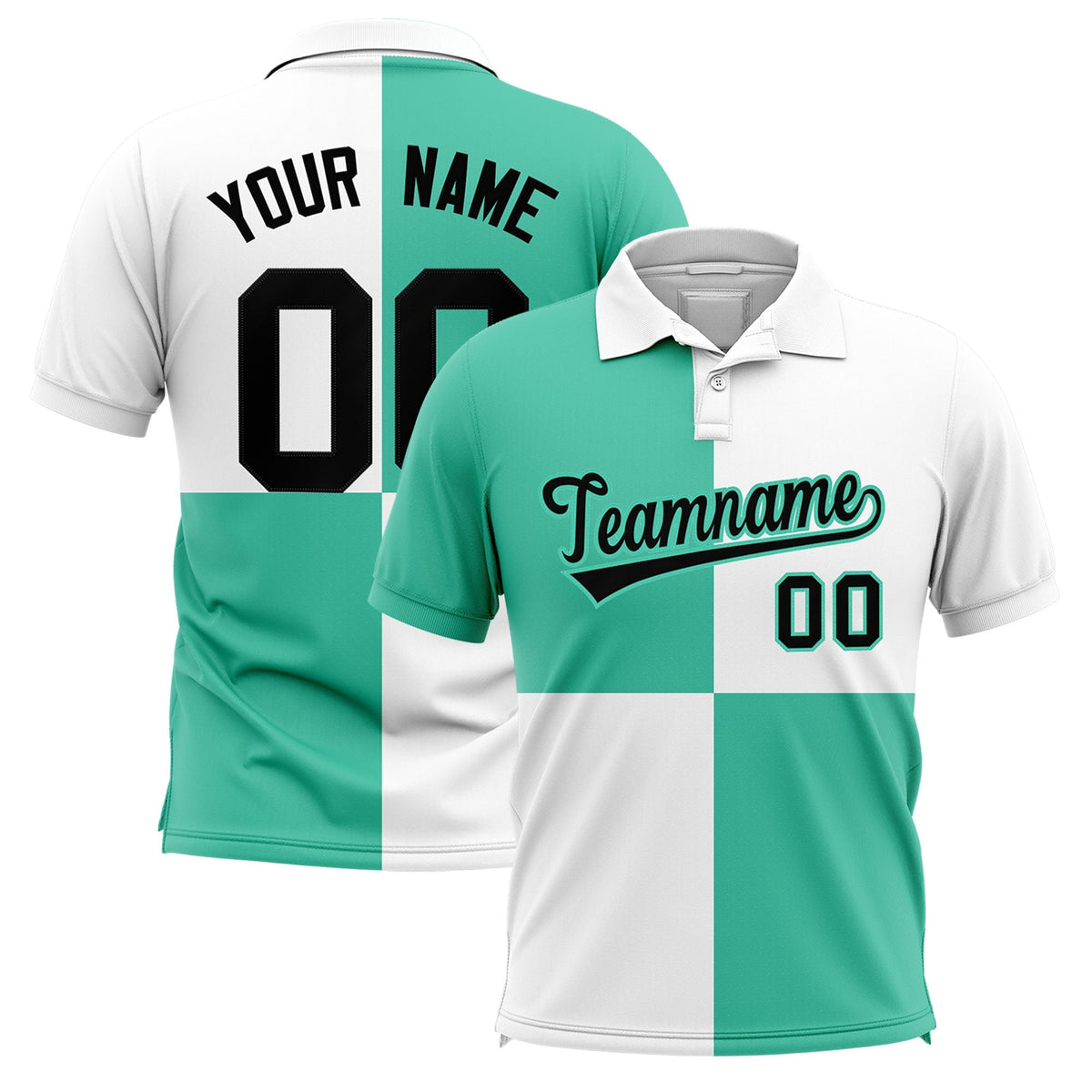 Custom Bright Green White Four Squares Design Performance Polo Shirt