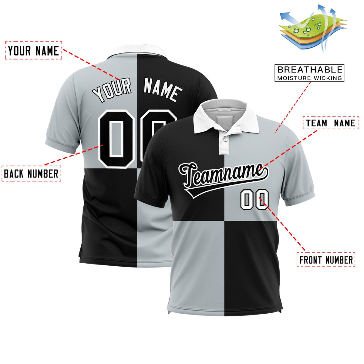 Custom Black Silver Four Squares Design Performance Polo Shirt