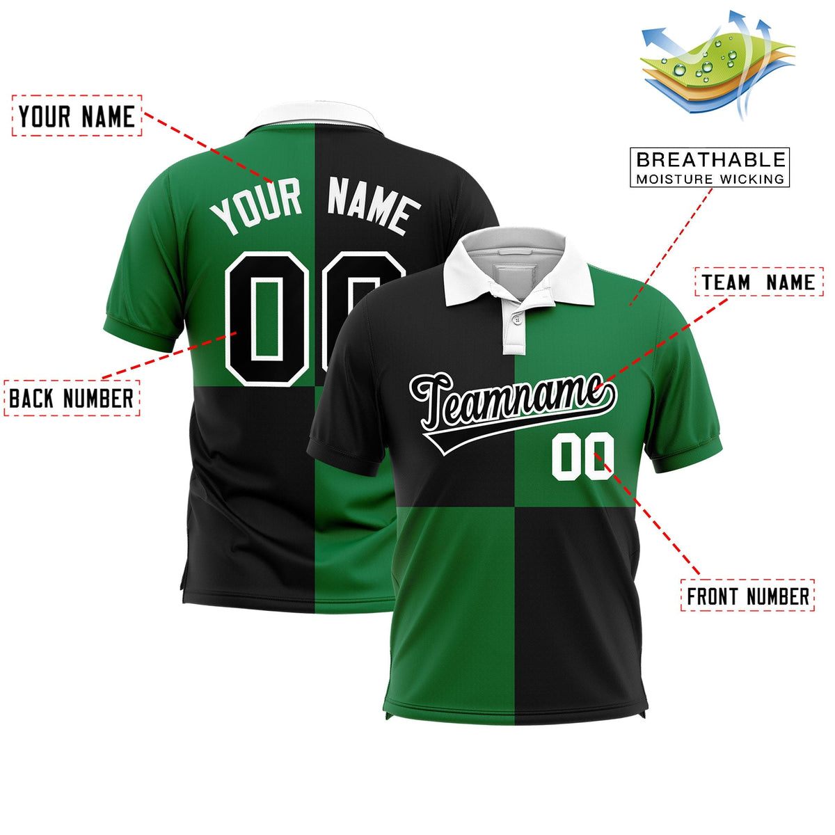 Custom Black Kelly Green Four Squares Design Performance Polo Shirt