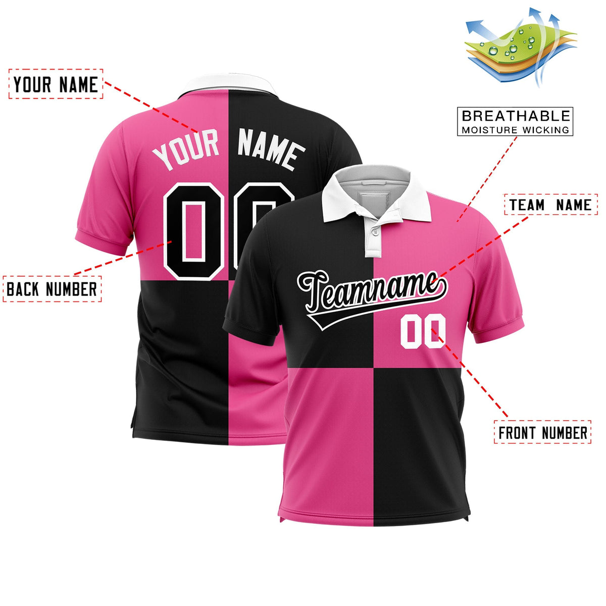 Custom Black Pink Four Squares Design Performance Polo Shirt