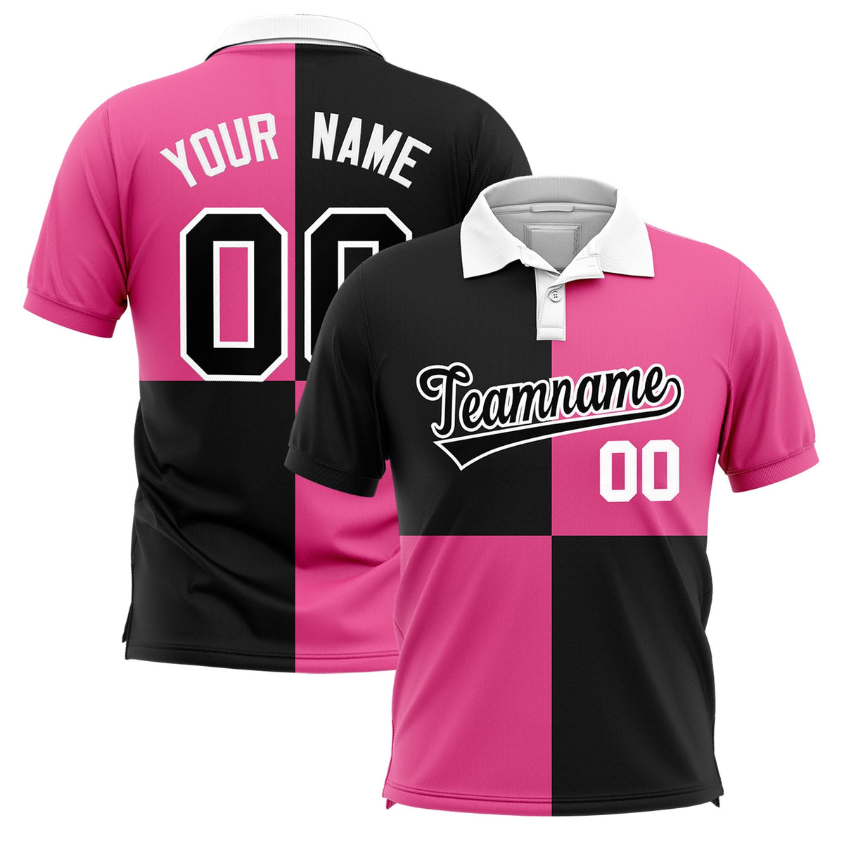 Custom Black Pink Four Squares Design Performance Polo Shirt