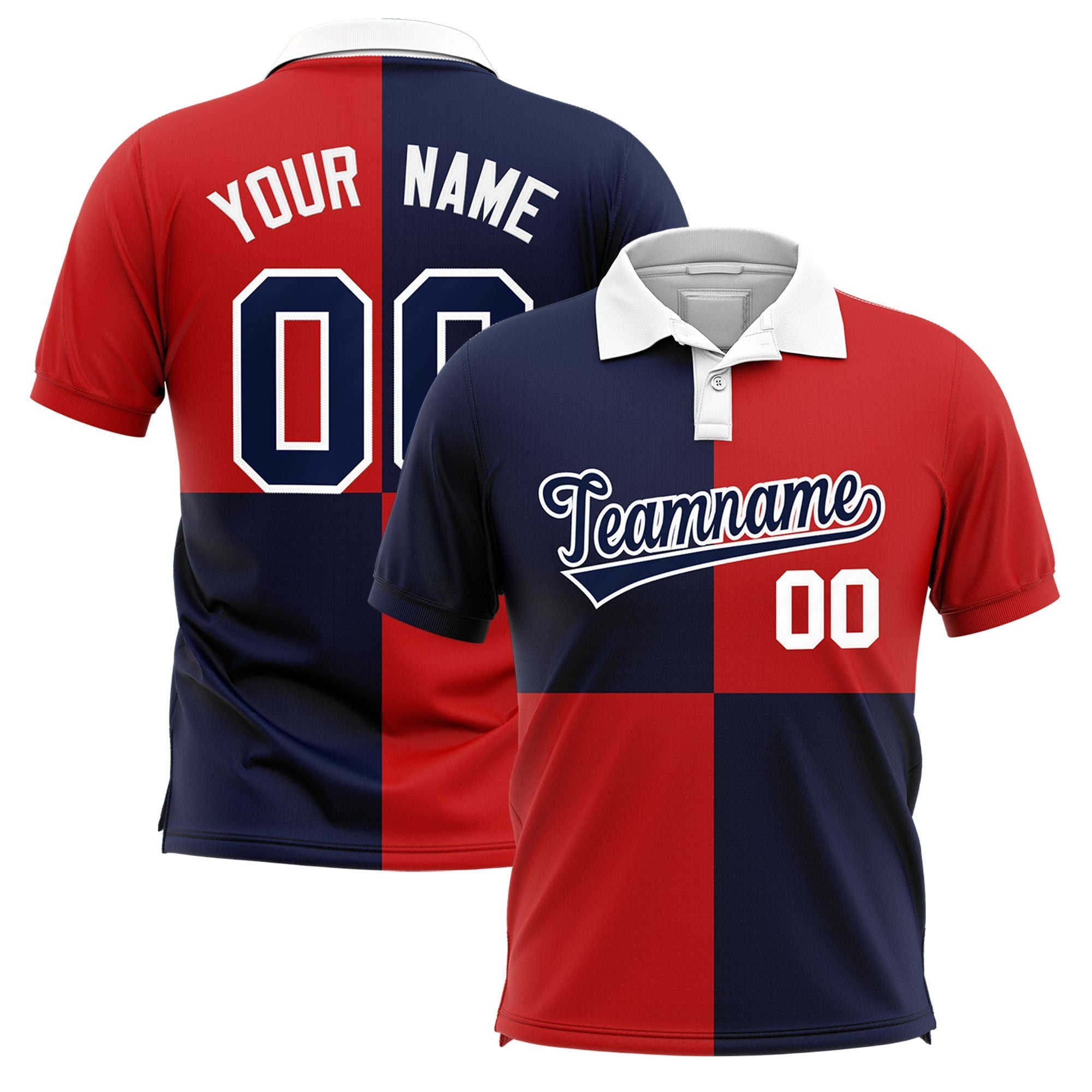 Custom Navy Red Four Squares Design Performance Polo Shirt