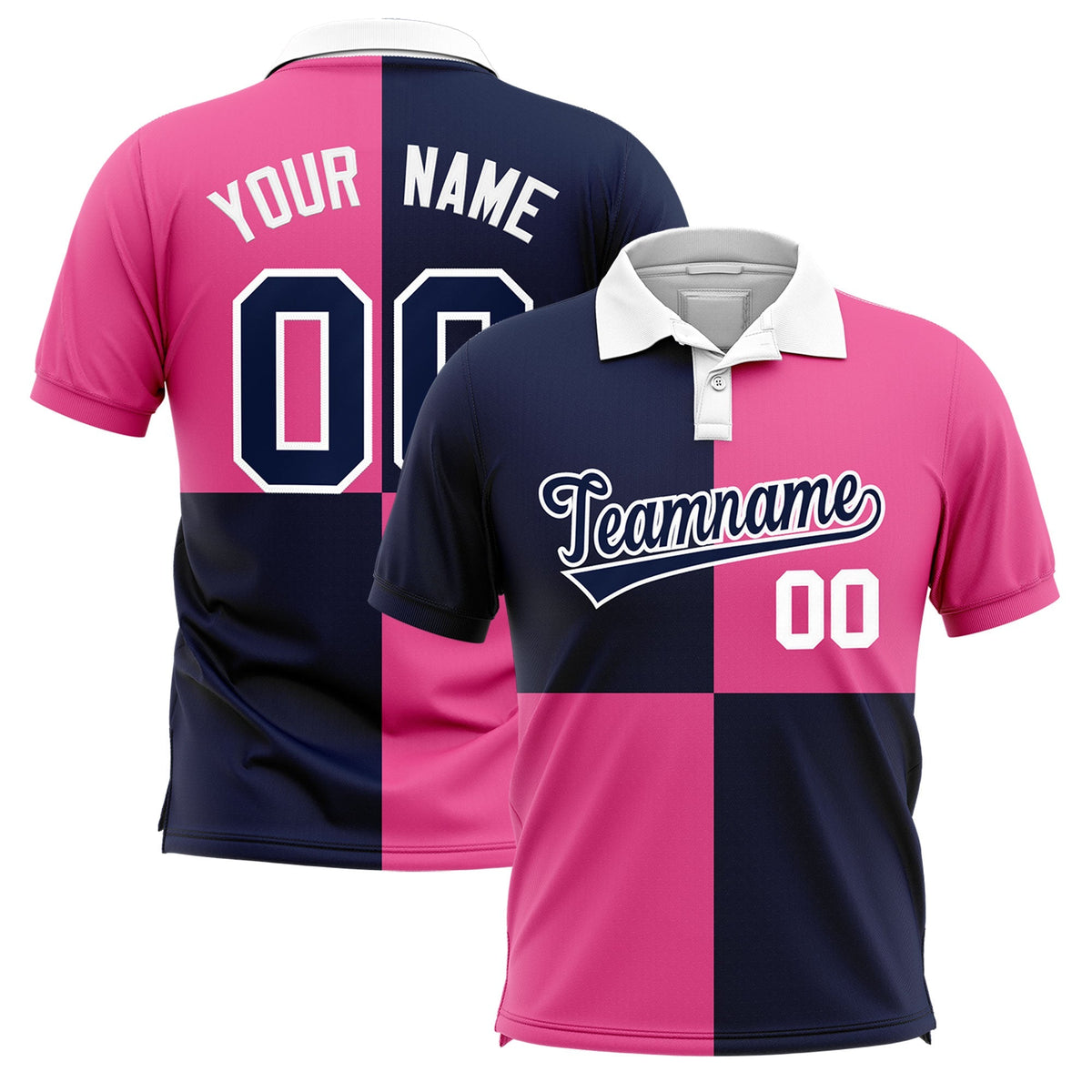 Custom Navy Pink Four Squares Design Performance Polo Shirt
