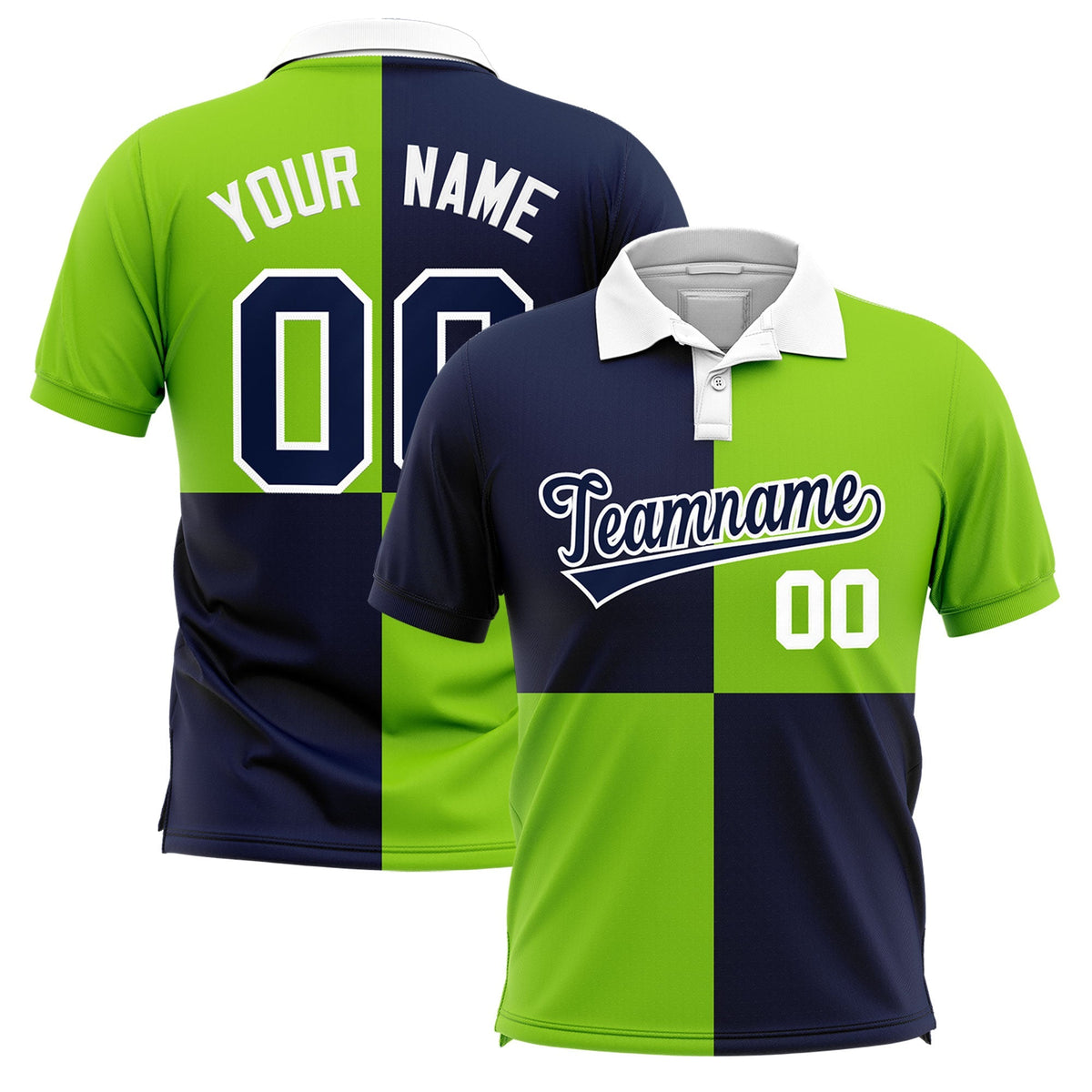 Custom Navy Neon Green Four Squares Design Performance Polo Shirt