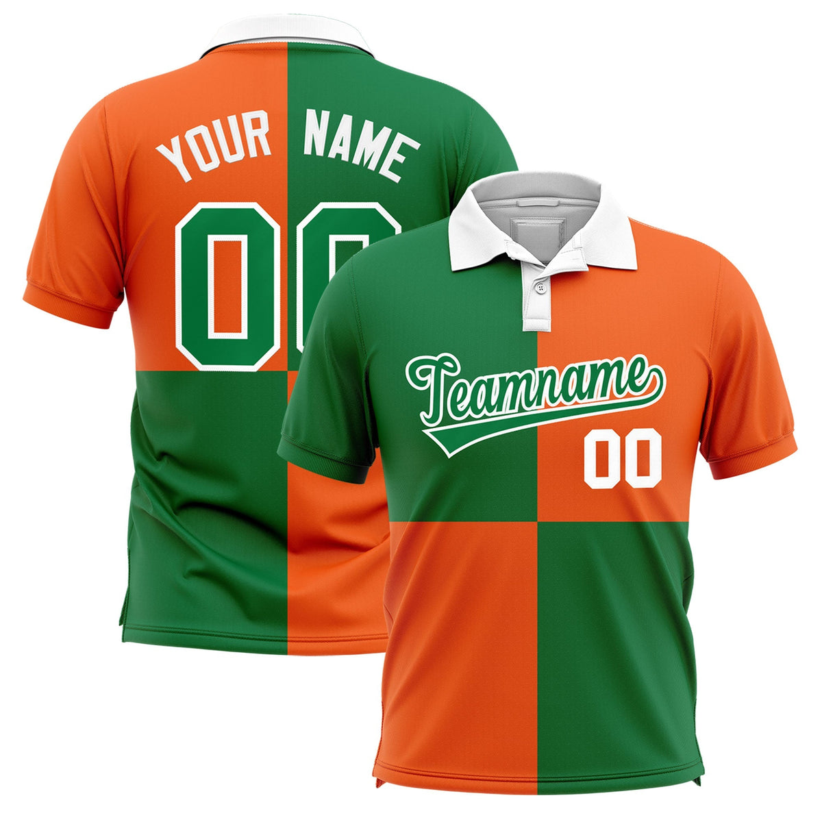 Custom Kelly Green Orange Four Squares Design Performance Polo Shirt