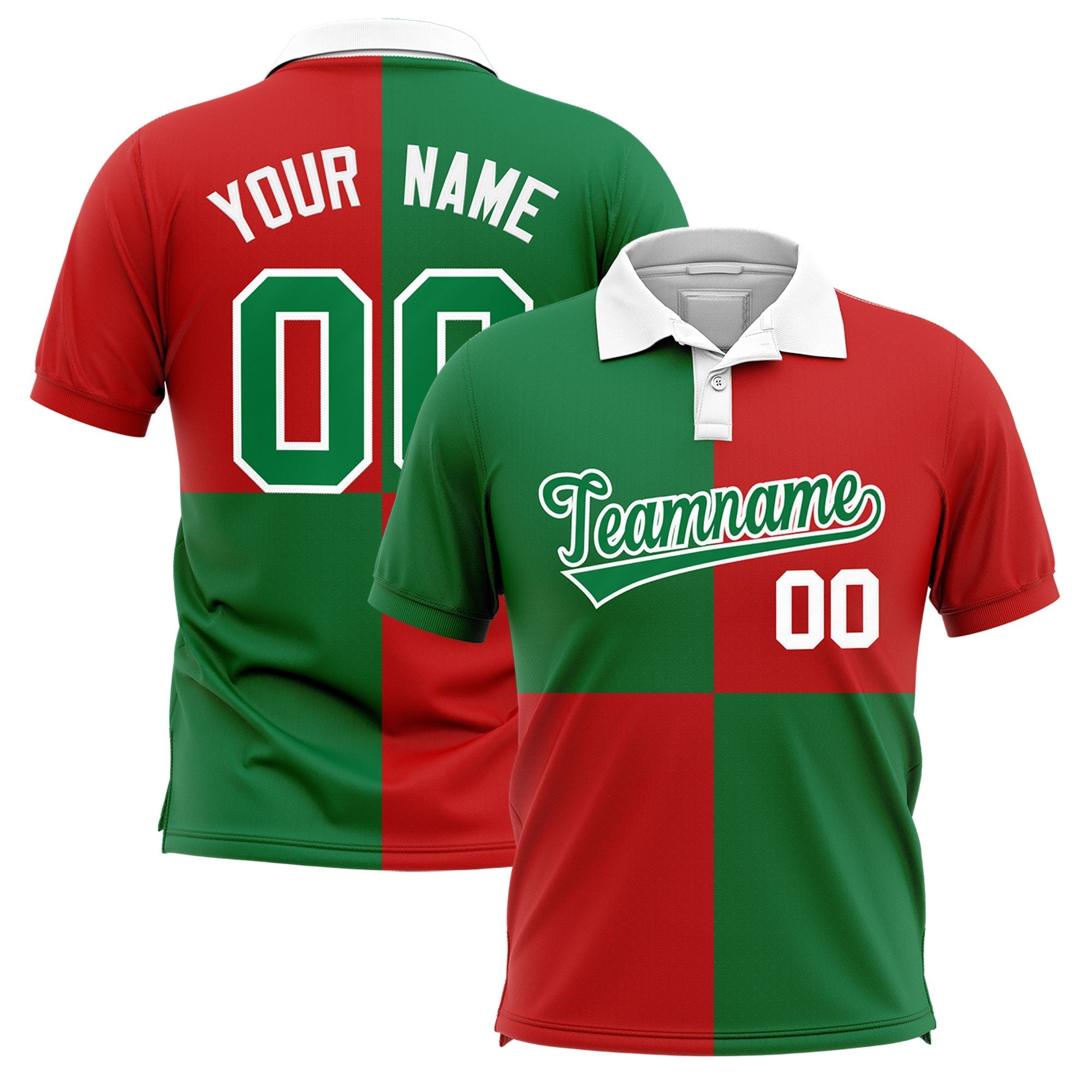 Custom Kelly Green Red Four Squares Design Performance Polo Shirt