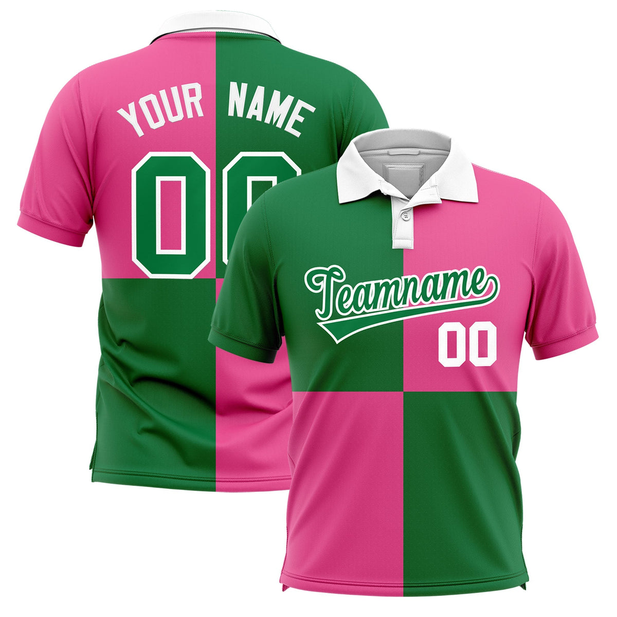 Custom Kelly Green Pink Four Squares Design Performance Polo Shirt
