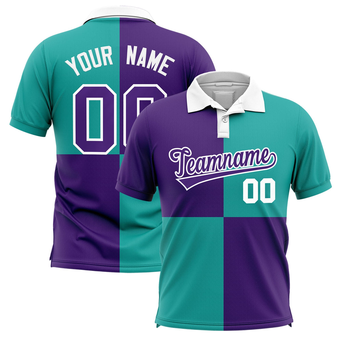 Custom Purple Aqua Four Squares Design Performance Polo Shirt