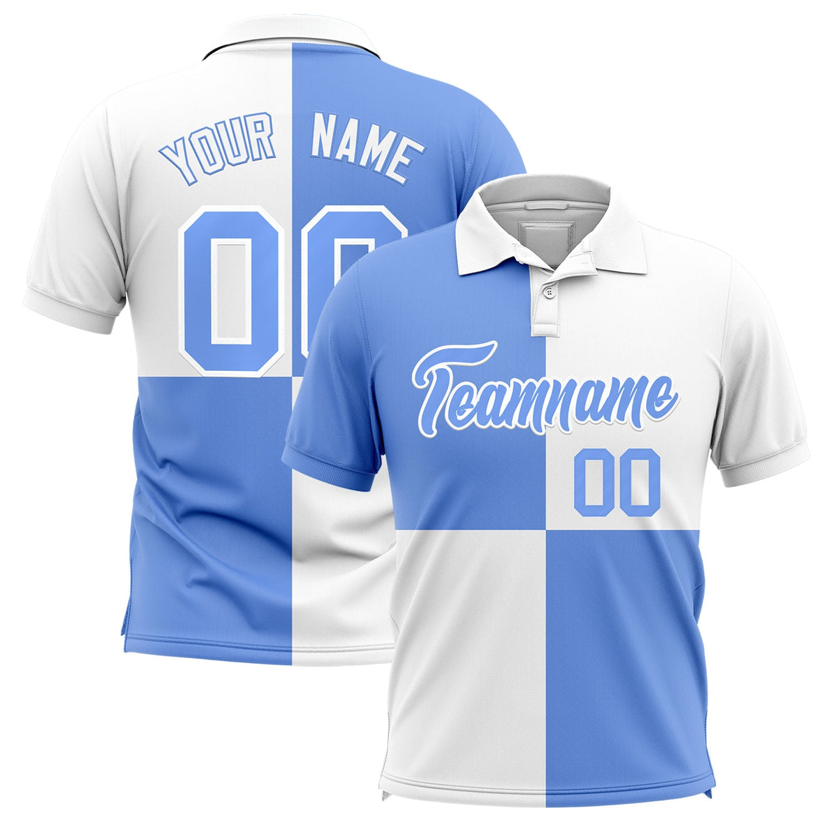 Custom Light Blue White Four Squares Design Performance Polo Shirt