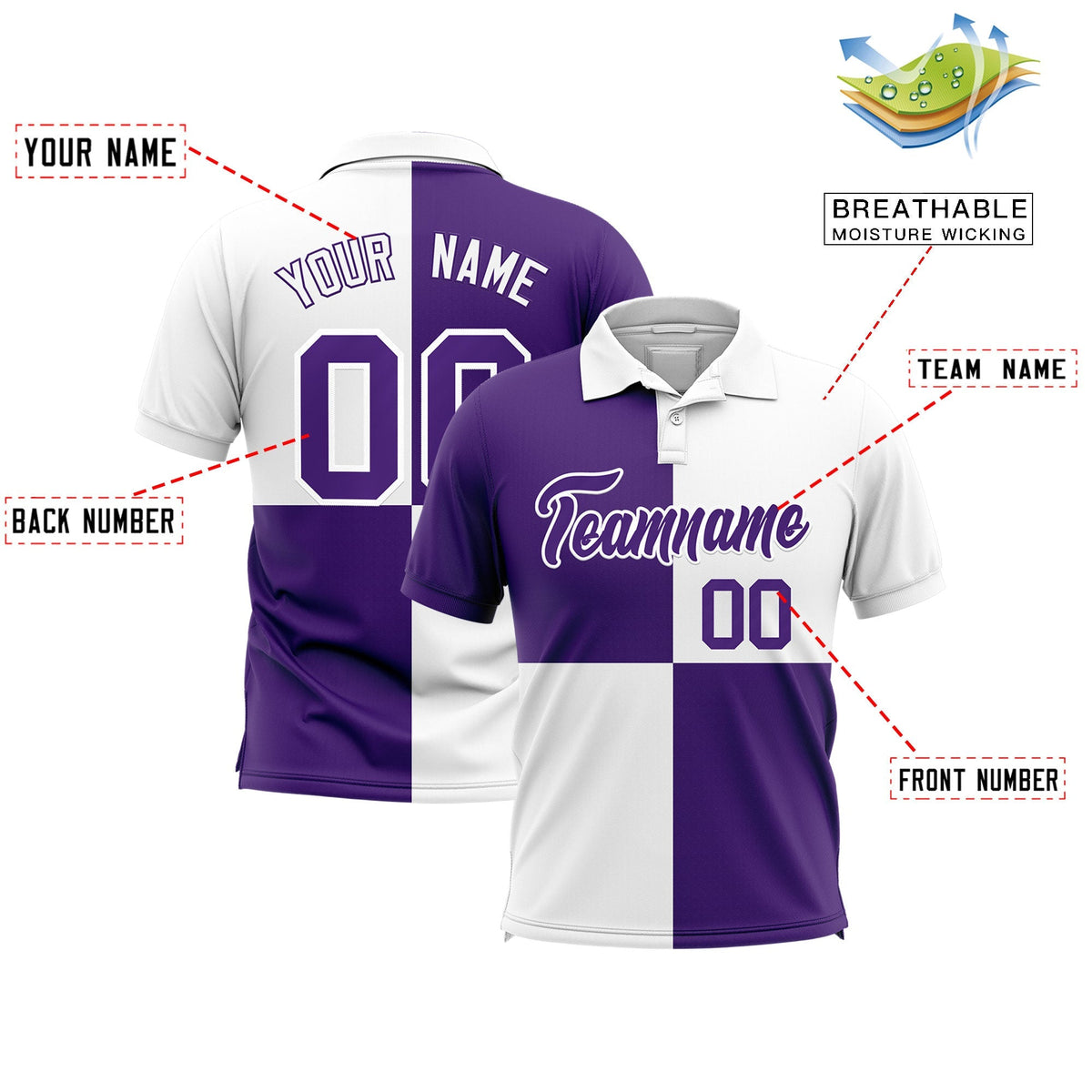 Custom Purple White Four Squares Design Performance Polo Shirt