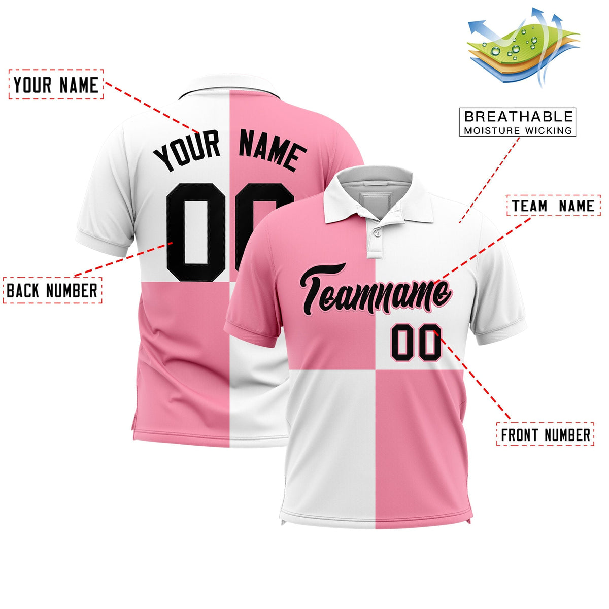 Custom Light Pink White Four Squares Design Performance Polo Shirt