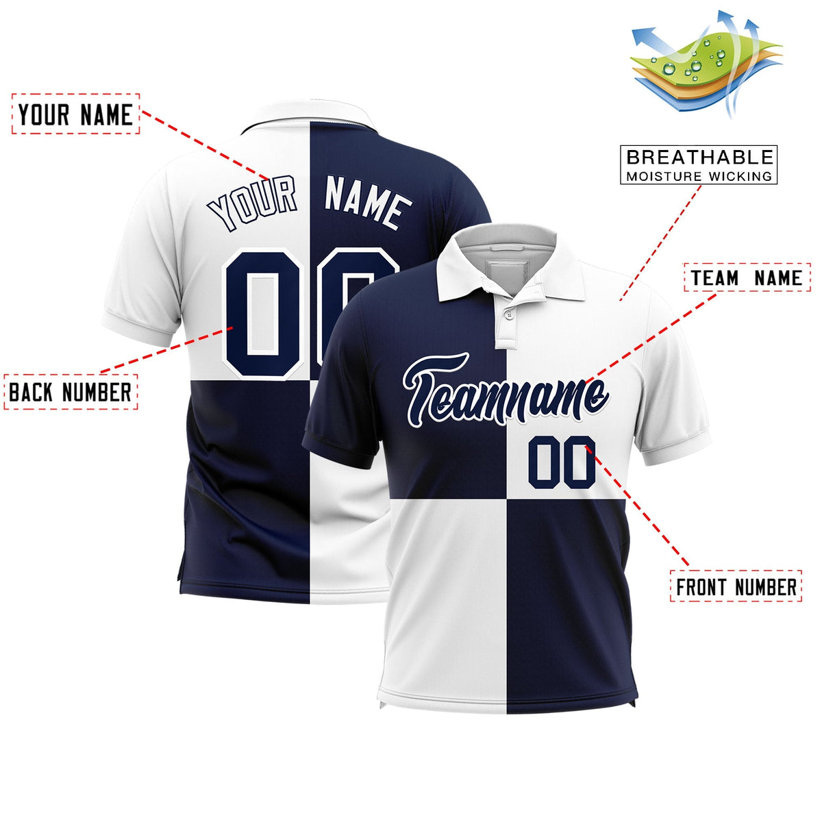 Custom Navy White Four Squares Design Performance Polo Shirt