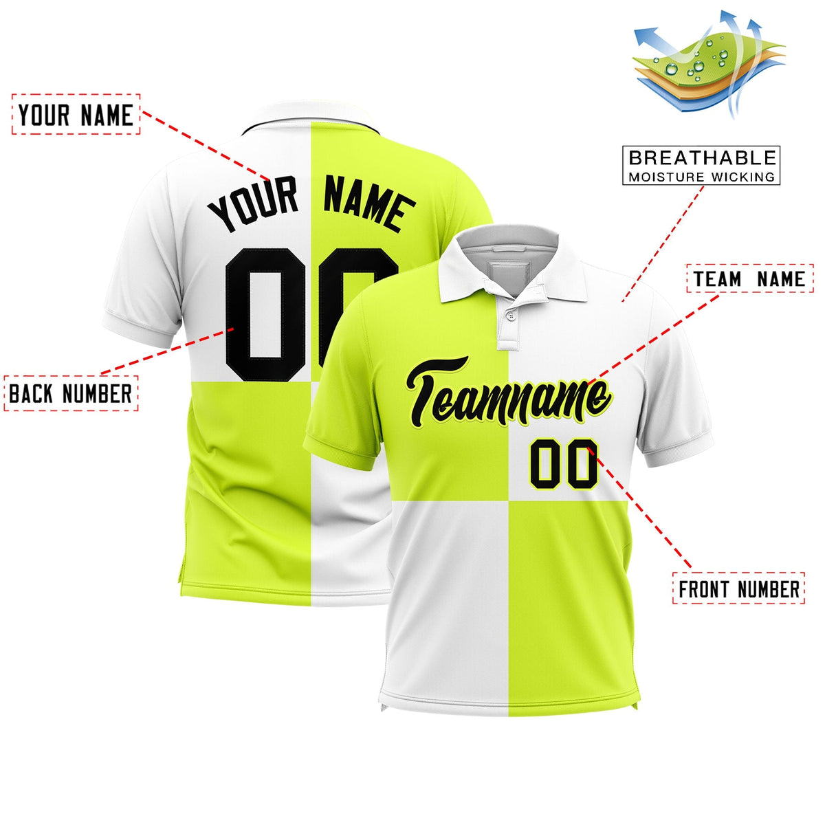 Custom Fluorescent Green White Four Squares Design Performance Polo Shirt