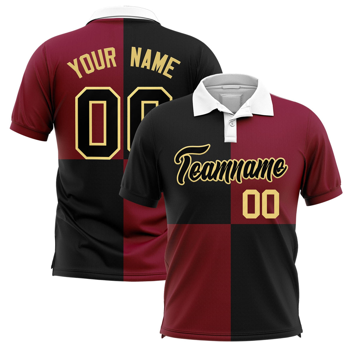Custom Black Crimson Four Squares Design Performance Polo Shirt