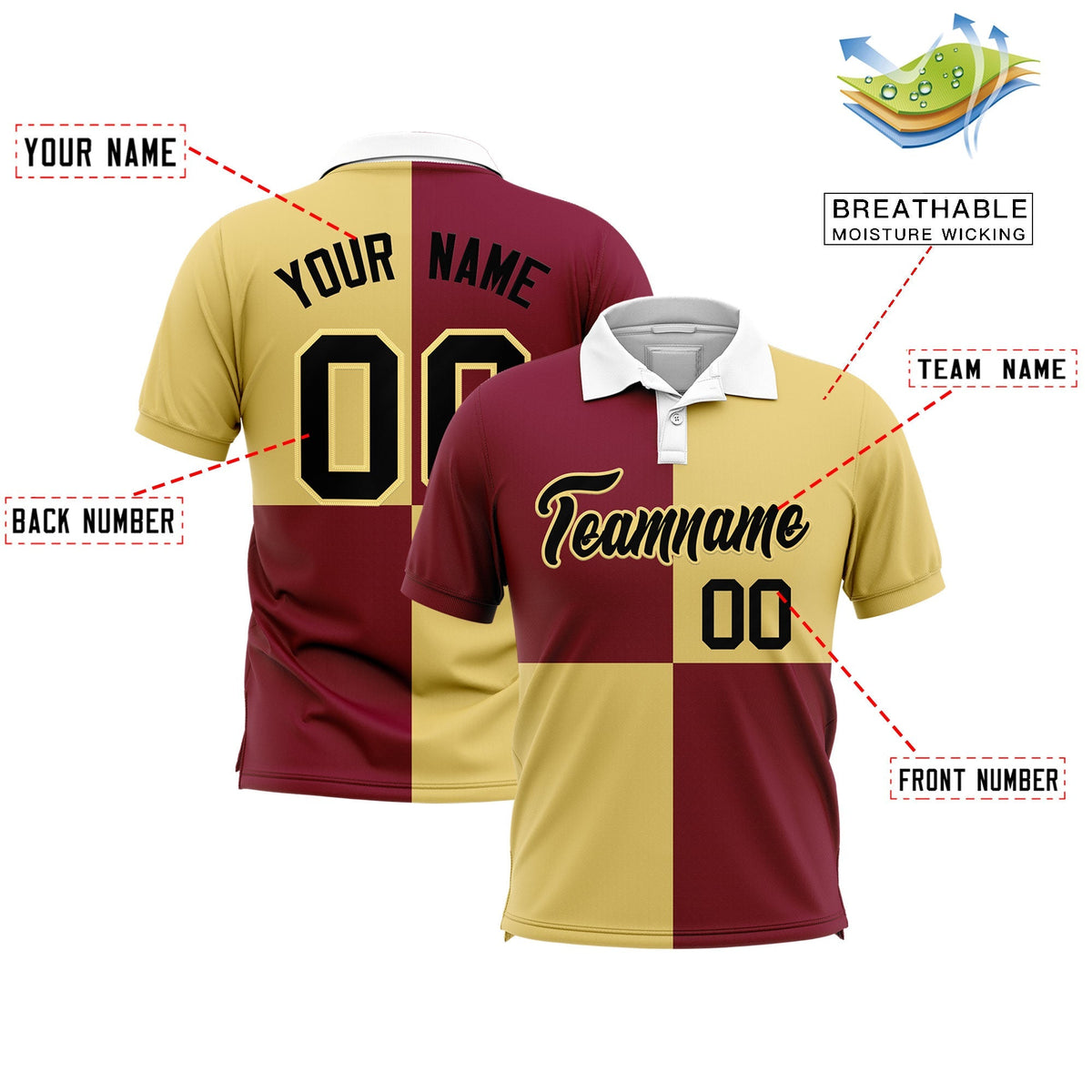 Custom Crimson Khaki Four Squares Design Performance Polo Shirt