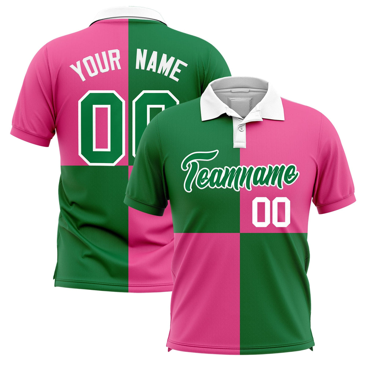 Custom Kelly Green Pink Four Squares Design Performance Polo Shirt