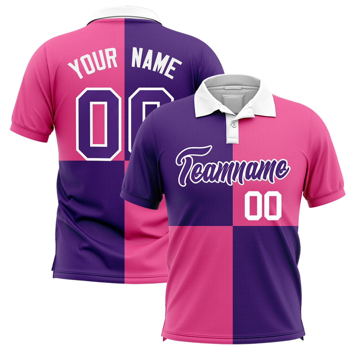 Custom Purple Pink Four Squares Design Performance Polo Shirt