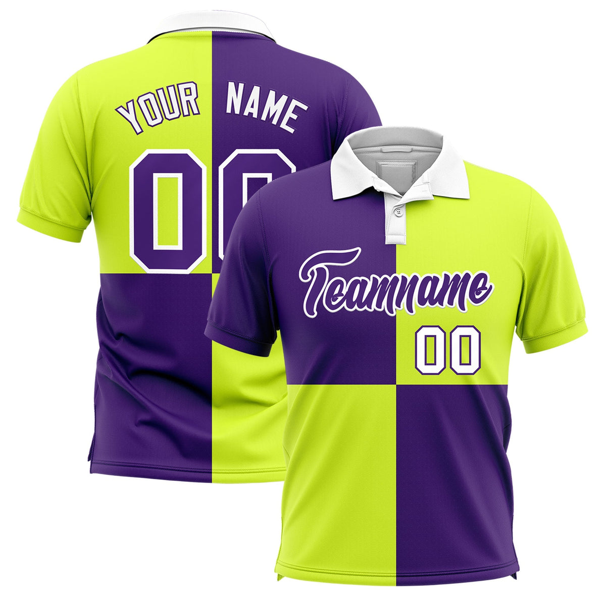 Custom Purple Fluorescent Green Four Squares Design Performance Polo Shirt