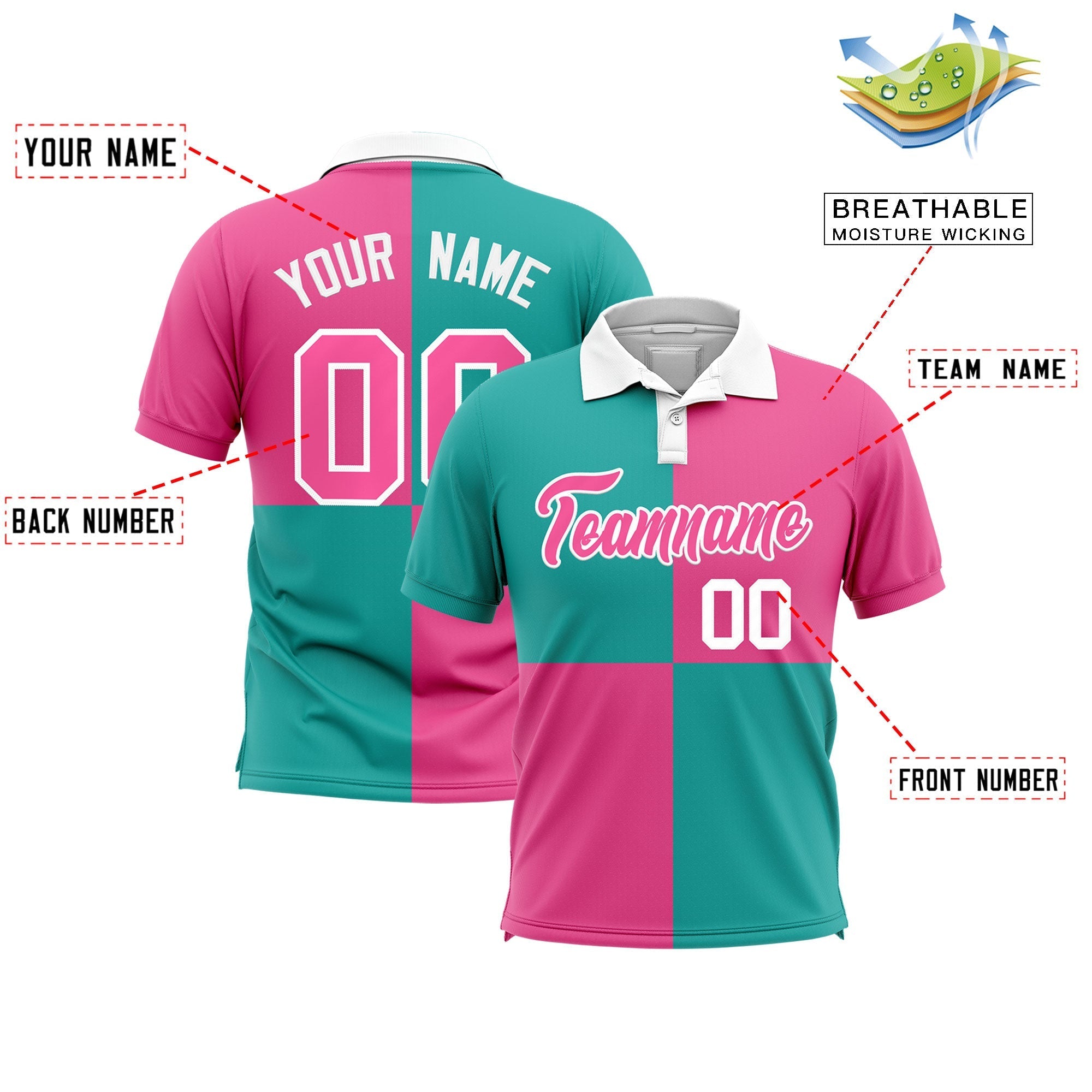 Custom Aqua Pink Four Squares Design Performance Polo Shirt