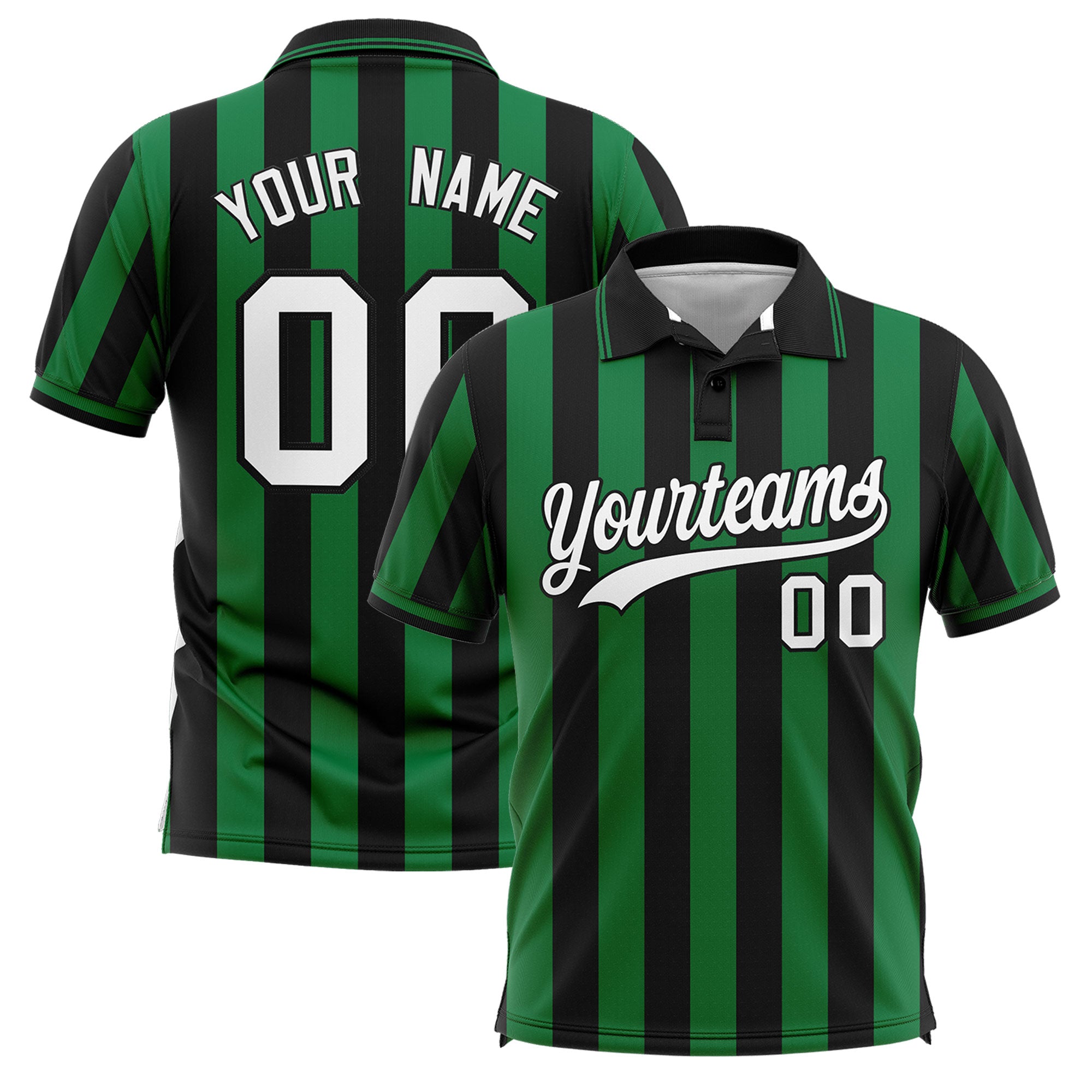 Custom Black Kelly Green Vertical Stripes Design Performance Polo Shirt