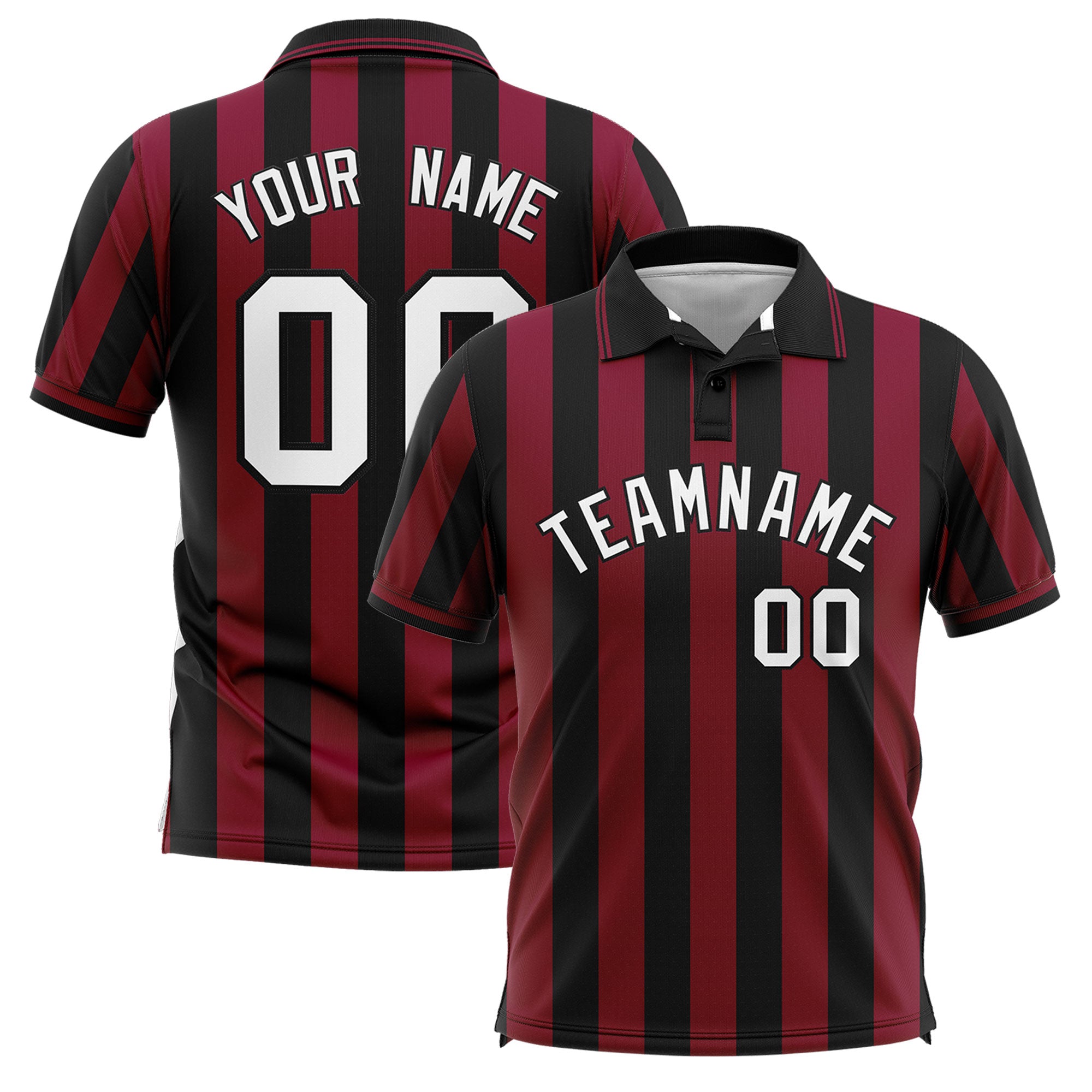 Custom Black Crimson Vertical Stripes Design Performance Polo Shirt