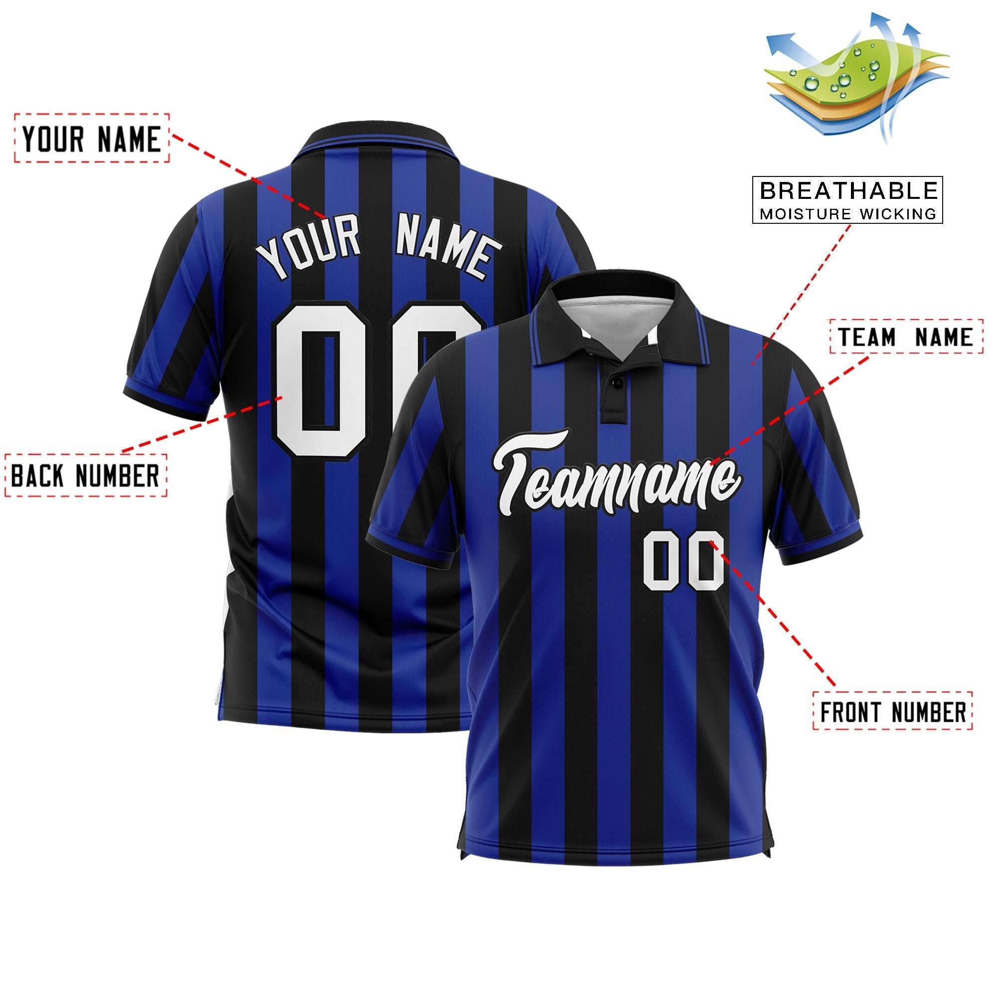 Custom Black Royal Vertical Stripes Design Performance Polo Shirt