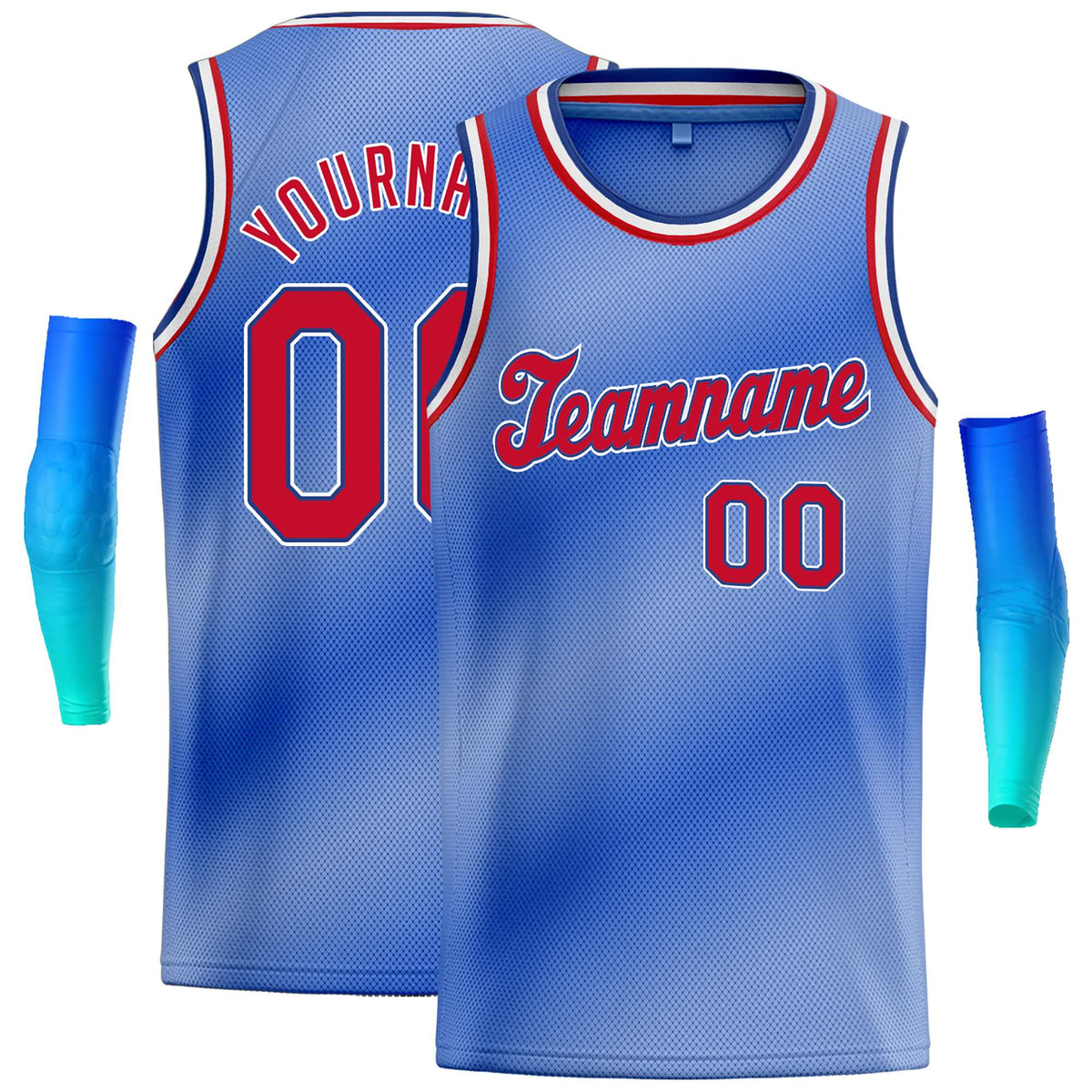 Custom Light Blue White-Red Gradient Fashion Tops Tilted Basketball Jersey