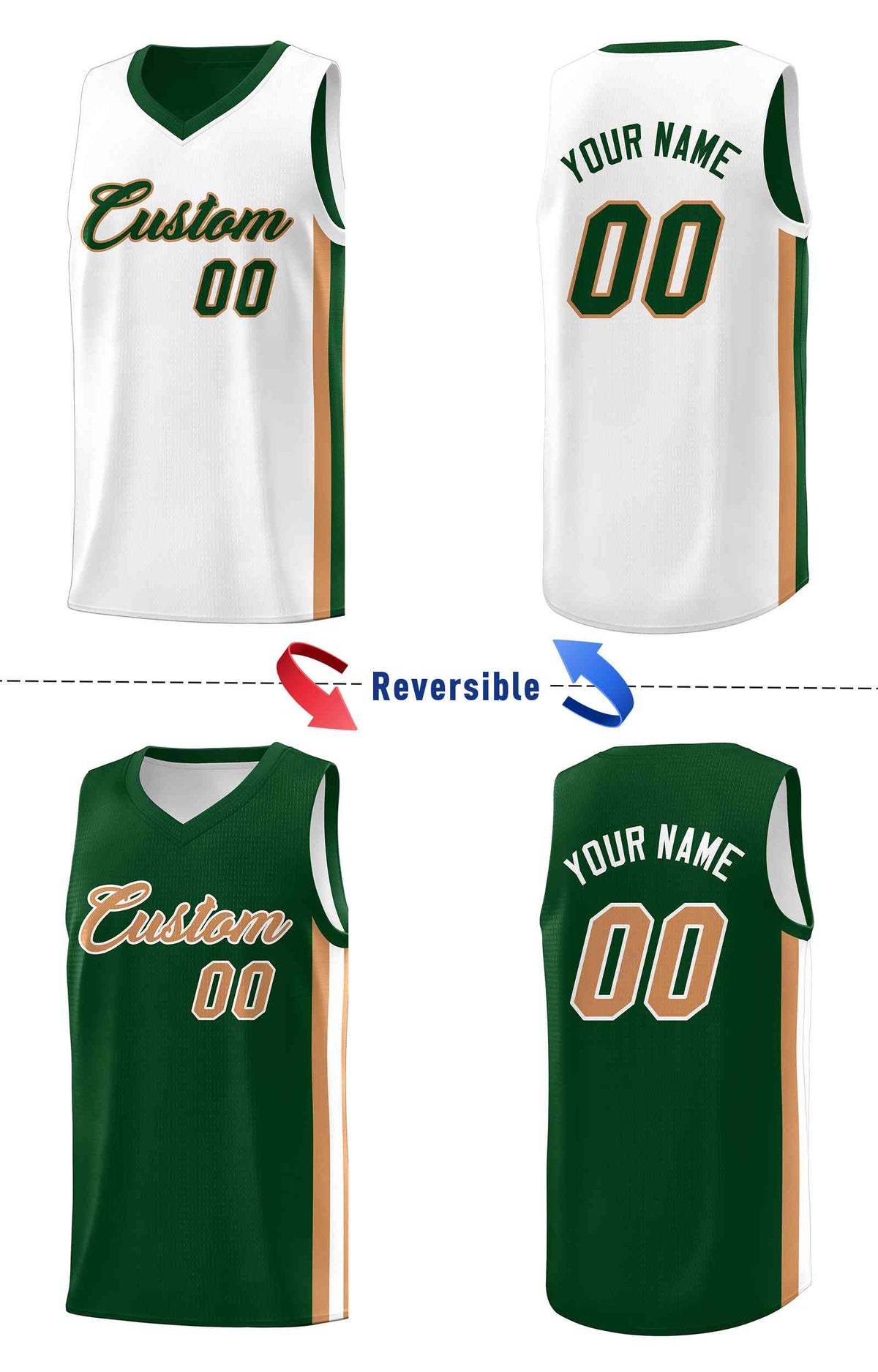 Custom Green White-Old Gold Double Side kits Men Basketball Jersey