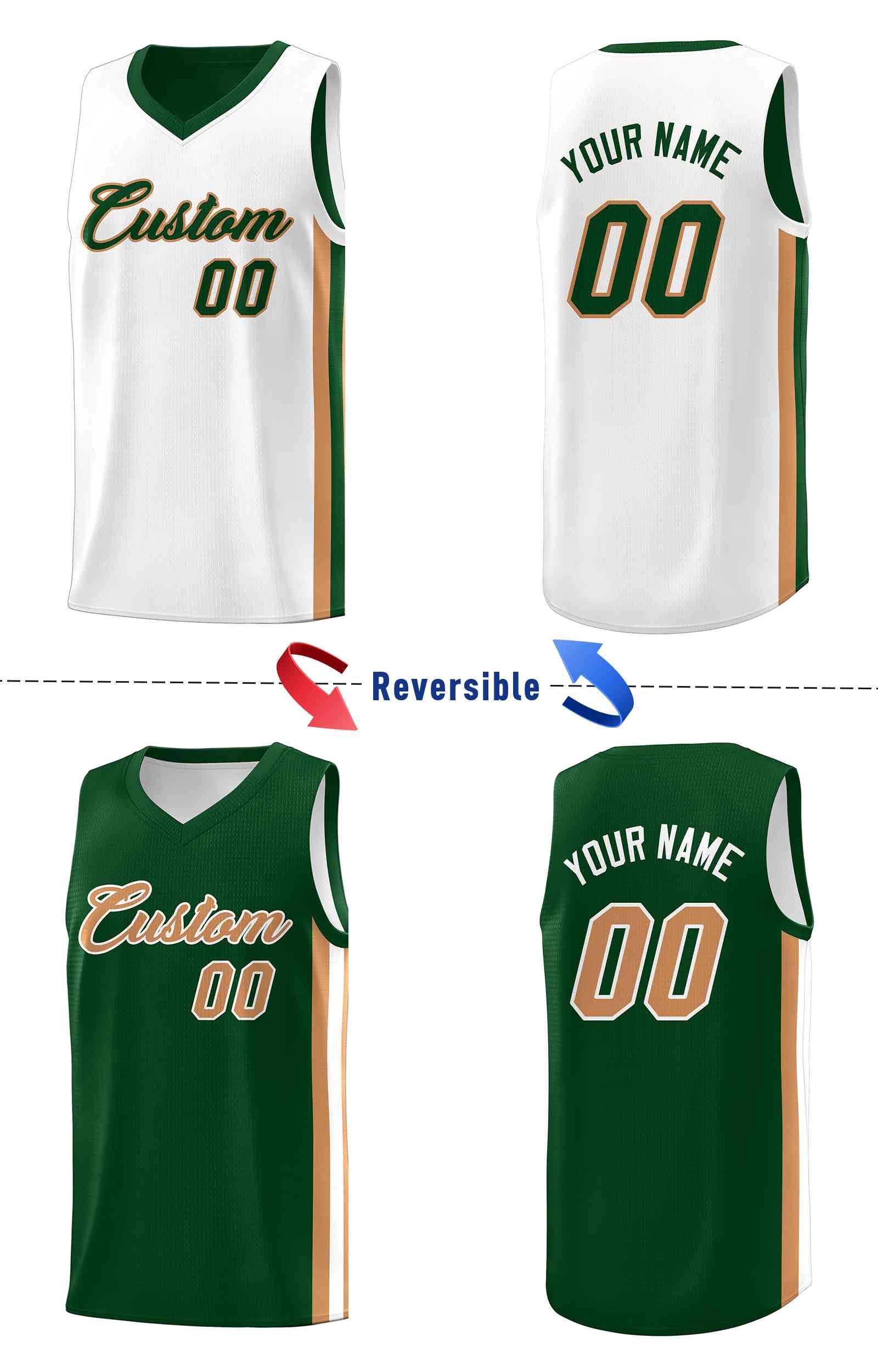 Benutzerdefinierte Grün Weiß-Alt Gold Doppel Seite kits Männer Basketball Jersey