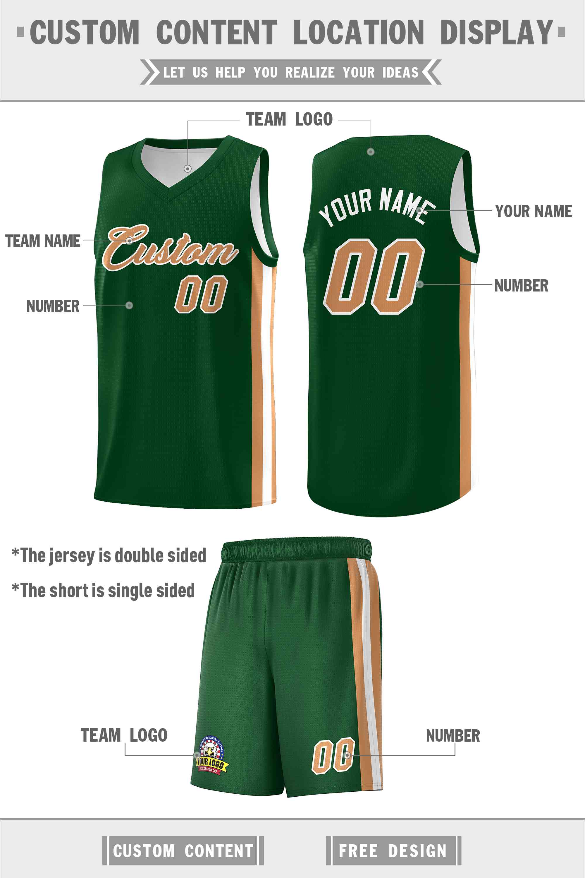 Benutzerdefinierte Grün Weiß-Alt Gold Doppel Seite kits Männer Basketball Jersey