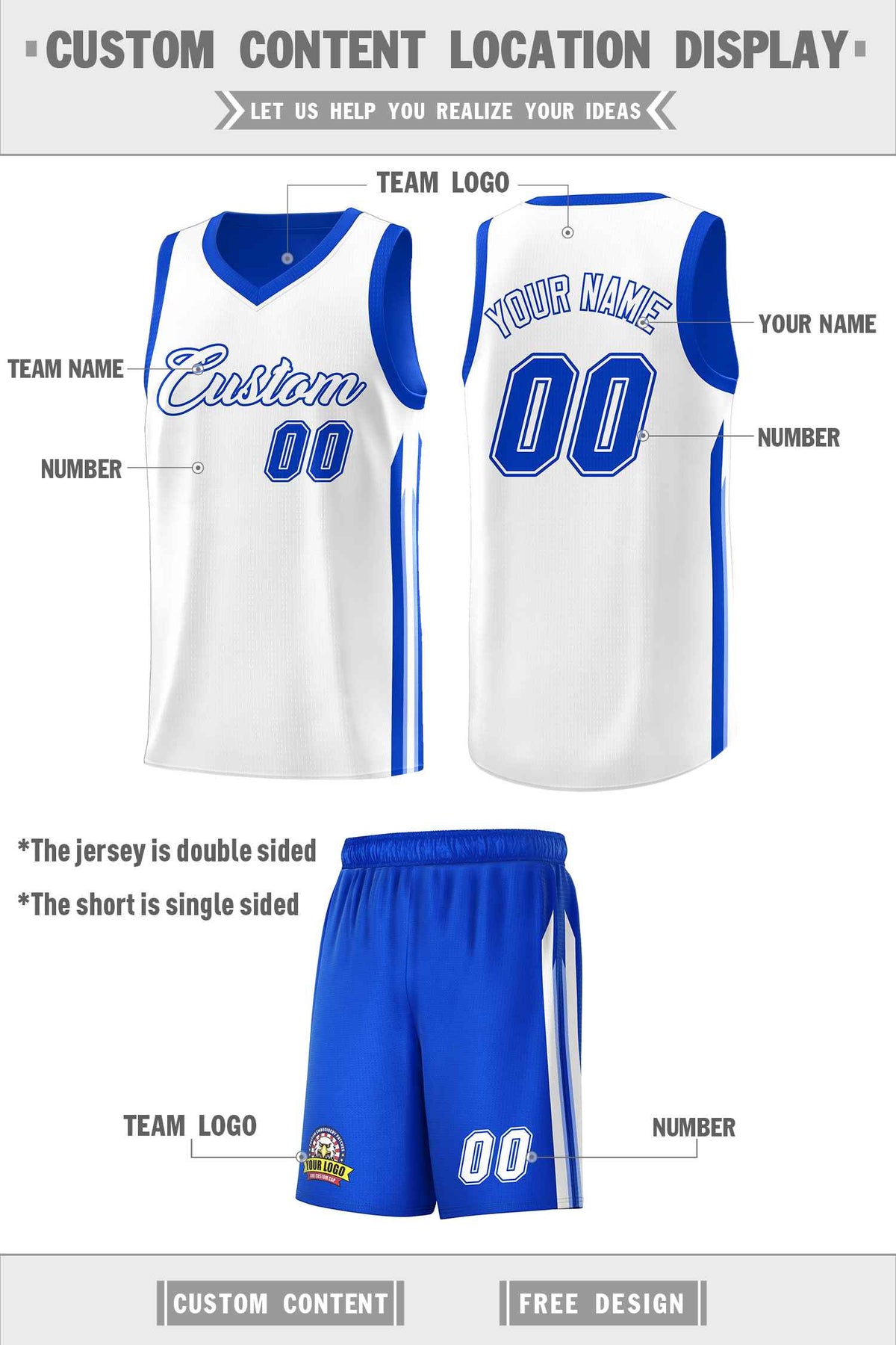 Custom Royal White Double SideKits Men Basketball Jersey