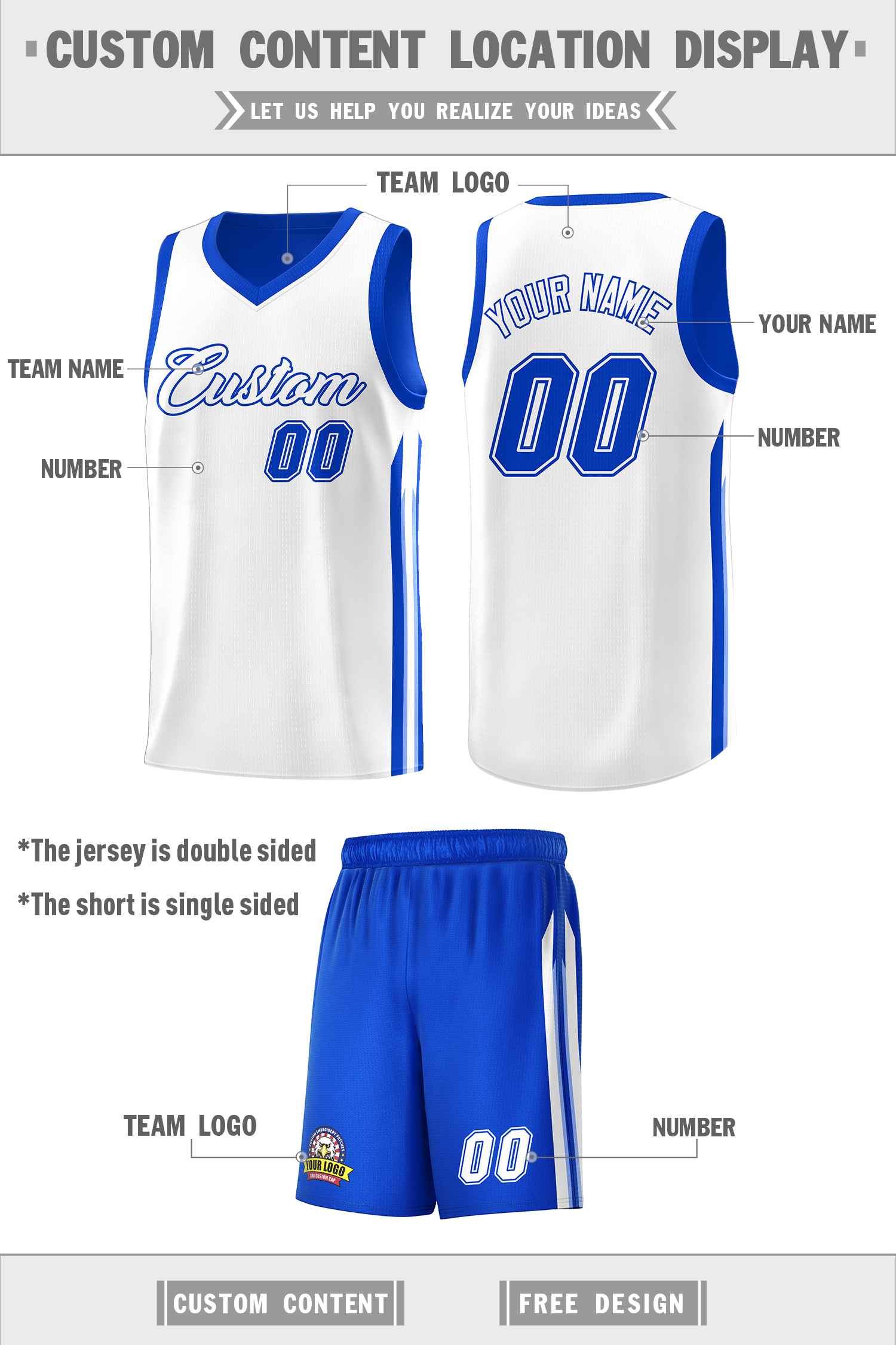 Maillot de basket-ball personnalisé Royal White Double SideKits pour homme