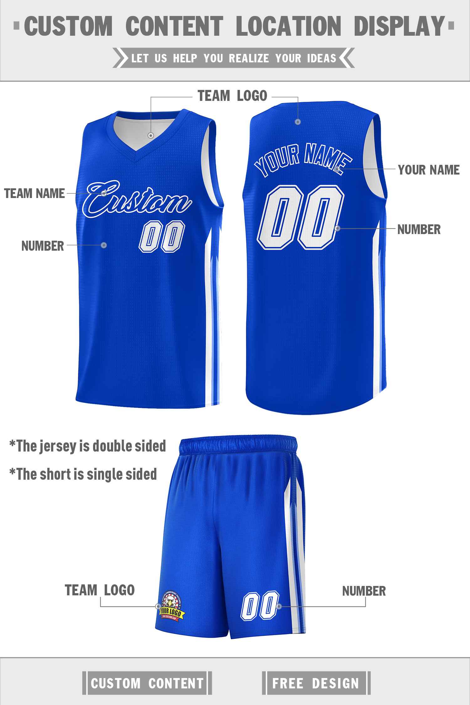Maillot de basket-ball personnalisé Royal White Double SideKits pour homme