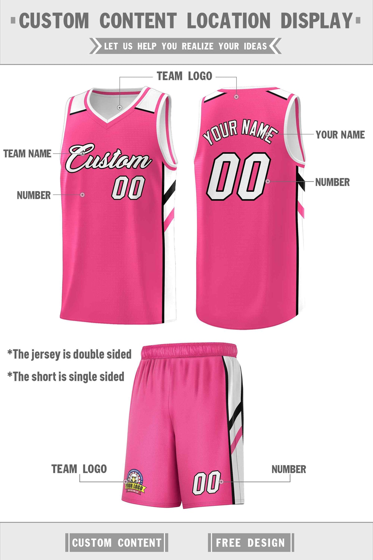 Custom Pink White Double Side Sets Men Basketball Jersey