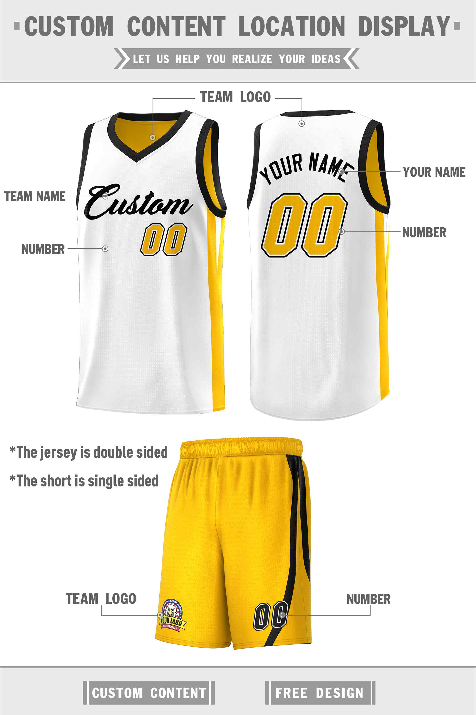 Benutzerdefinierte weiß gelb Doppelseiten-Sets Männer Basketball Jersey