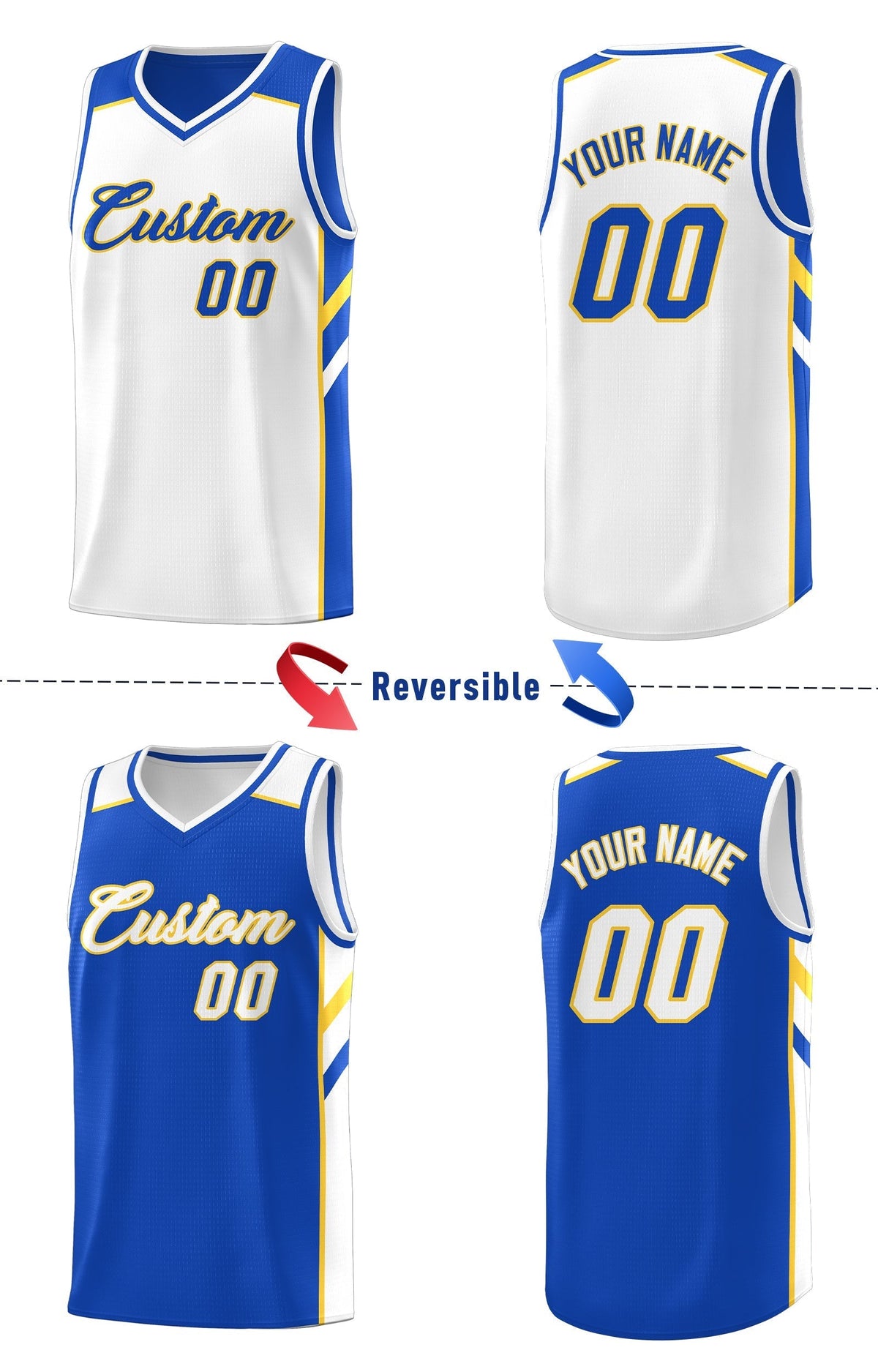 Custom Royal White-Yellow Double Side Tops Fashion Basketball Jersey | KXKSHOP