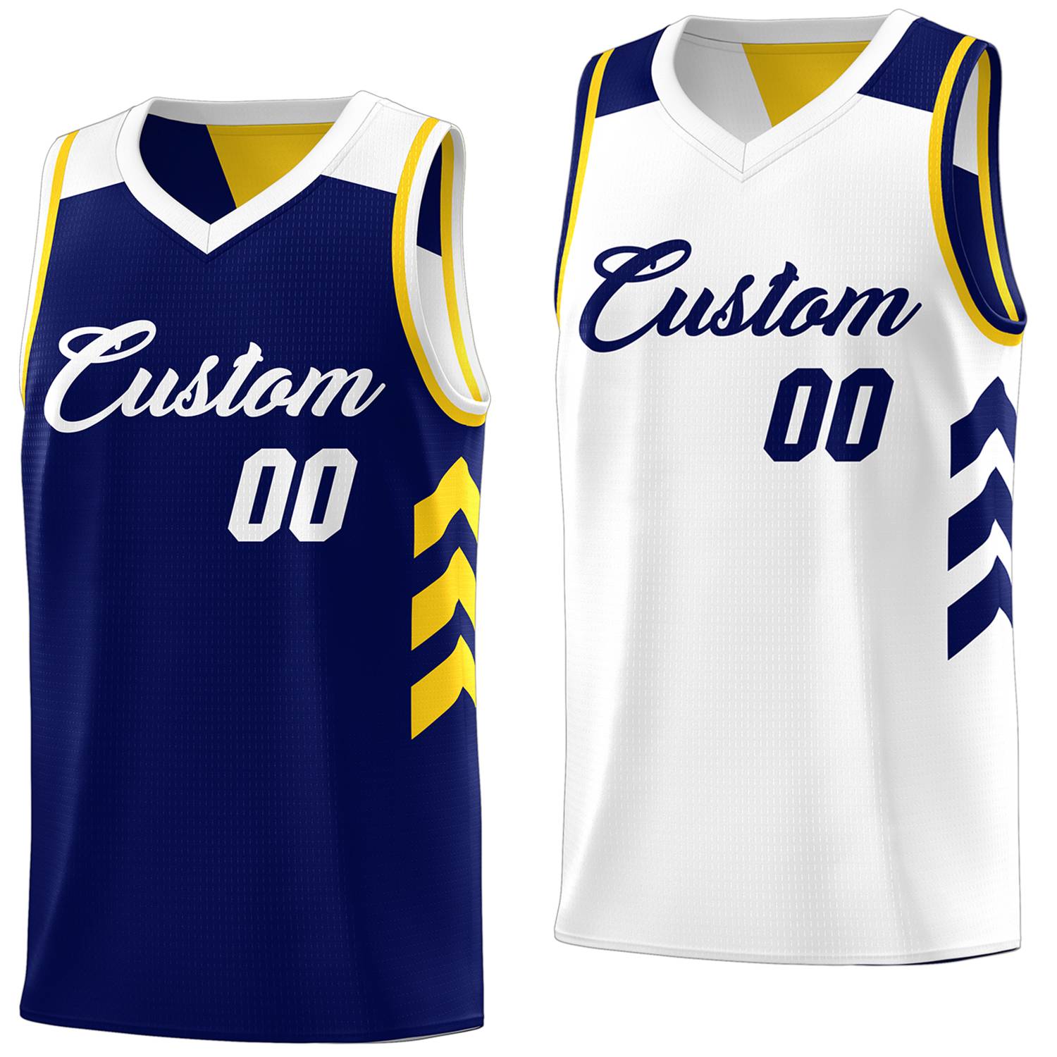 Benutzerdefiniertes, marineblaues, weißes, wendbares Basketballtrikot mit doppelseitigen Oberteilen