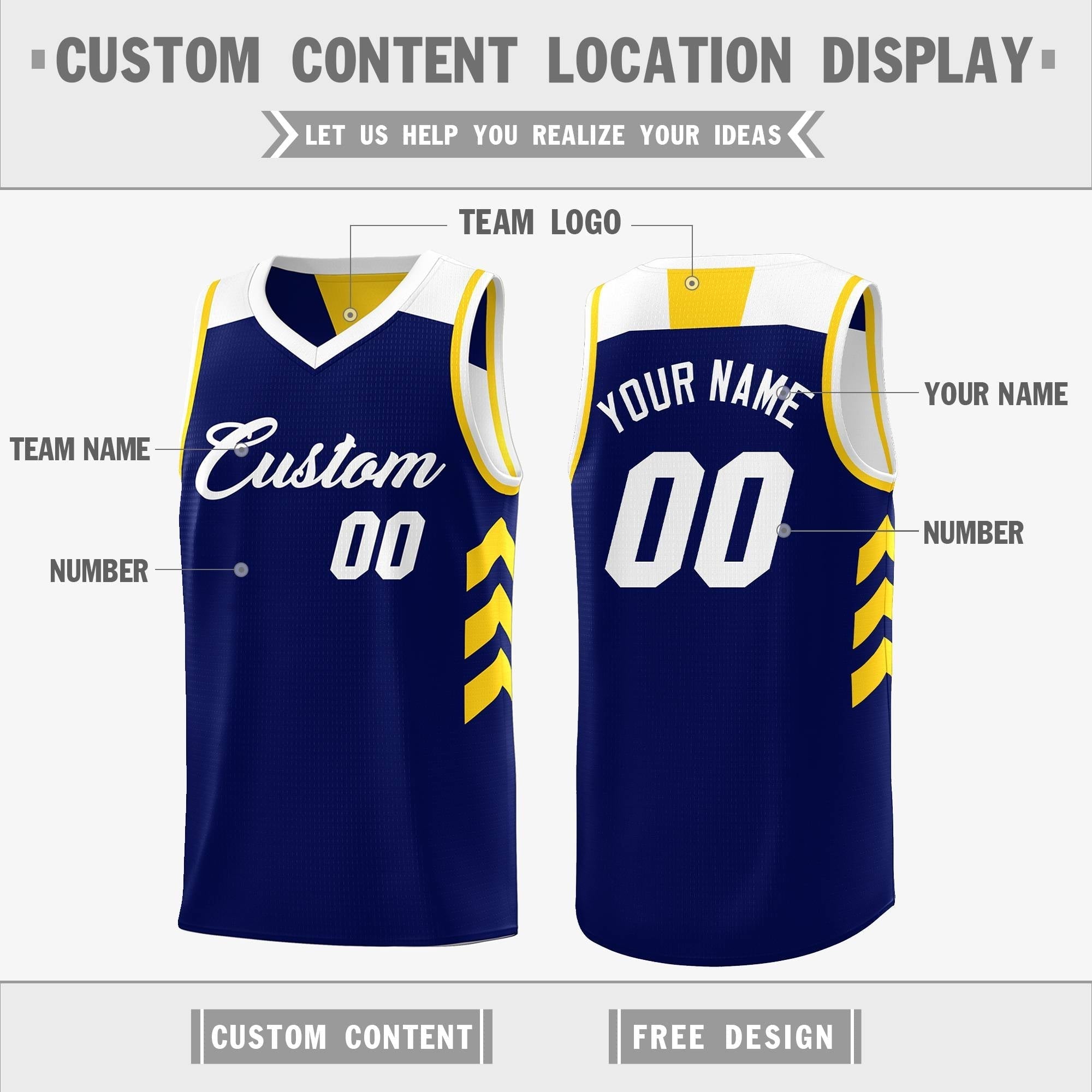 Benutzerdefiniertes, marineblaues, weißes, wendbares Basketballtrikot mit doppelseitigen Oberteilen