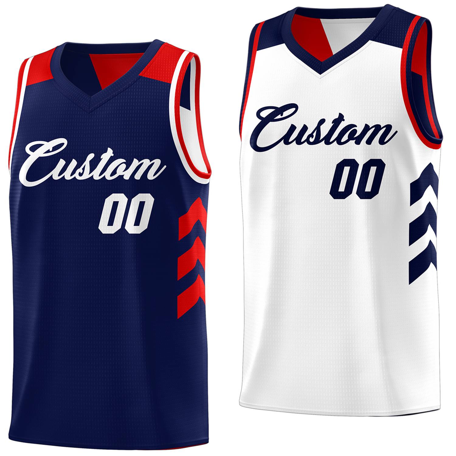 Benutzerdefiniertes, marineblaues, weißes, wendbares Basketballtrikot mit doppelseitigen Oberteilen