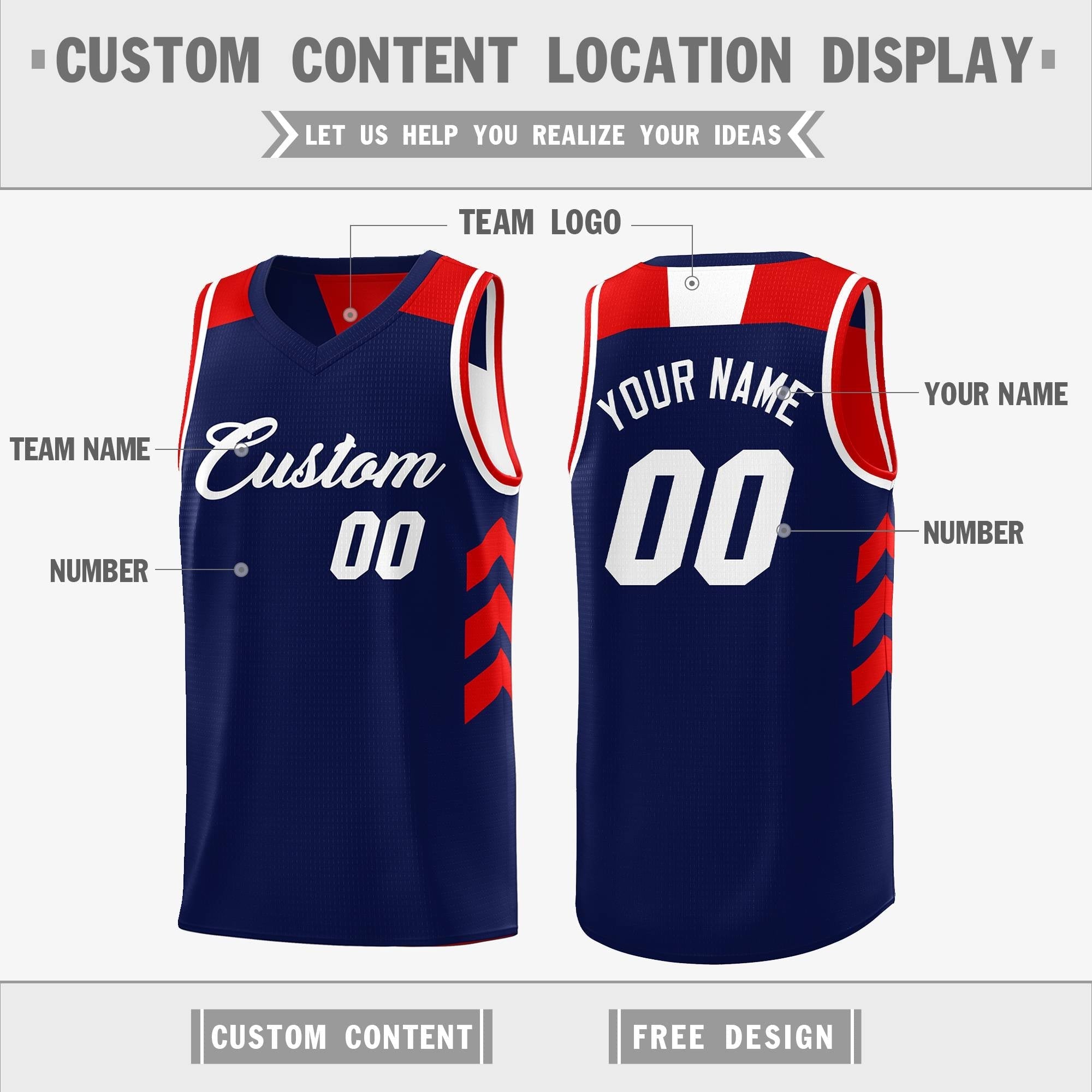 Benutzerdefiniertes, marineblaues, weißes, wendbares Basketballtrikot mit doppelseitigen Oberteilen