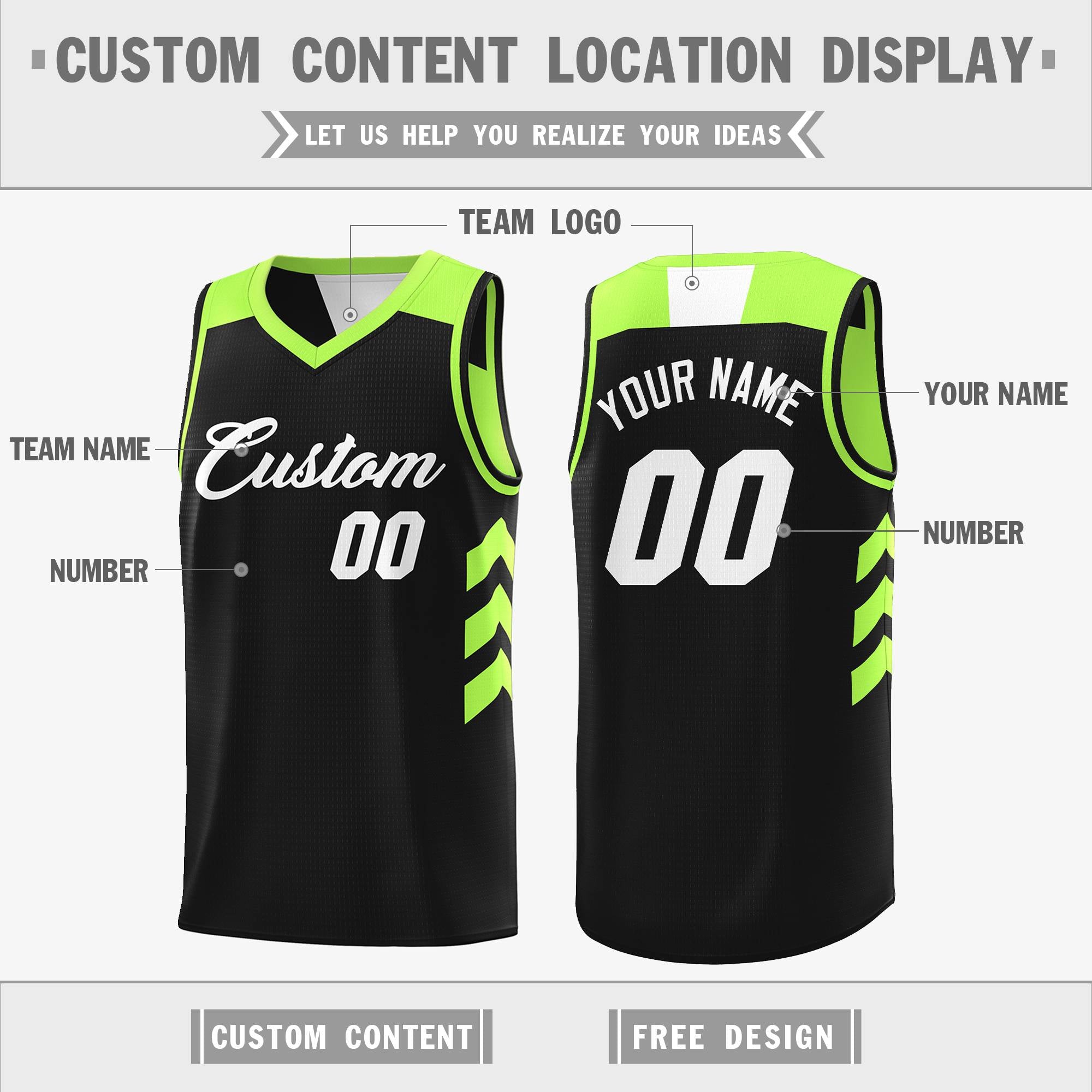 Benutzerdefinierte schwarz neongrün reversible Doppelseite Tops Basketball Jersey