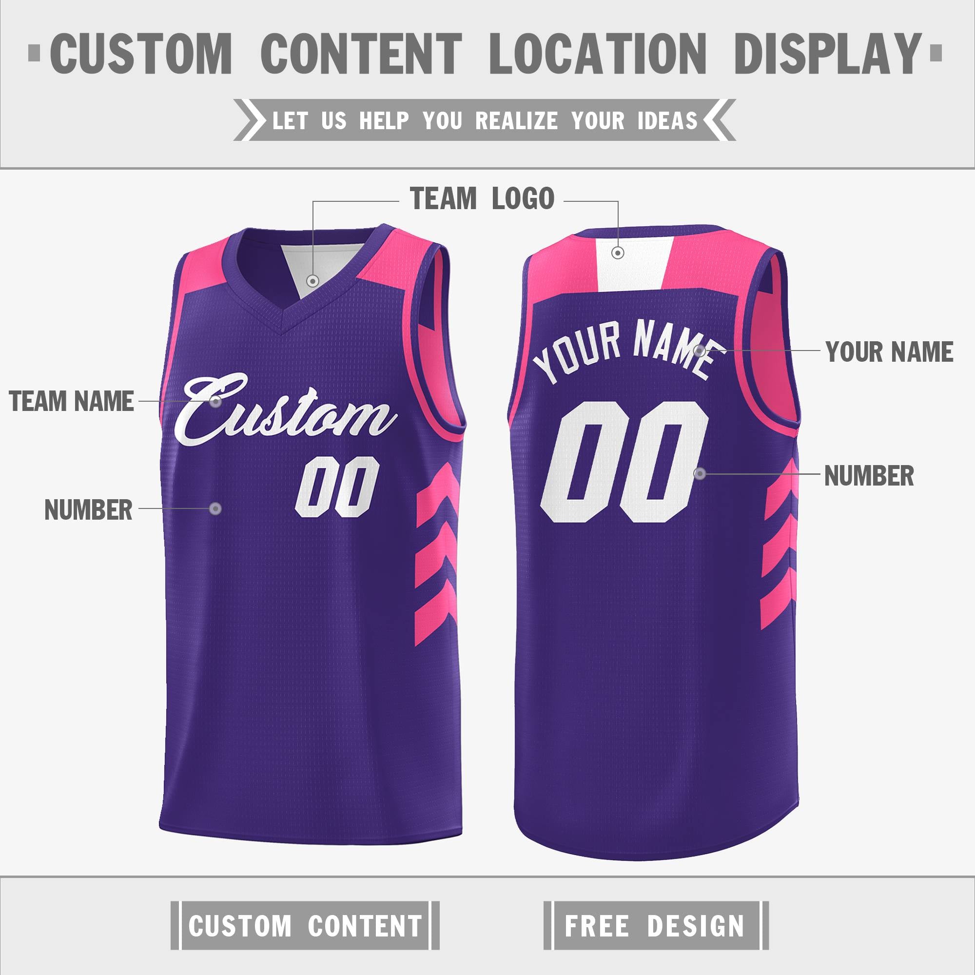 Benutzerdefinierte Lila Rosa-Weiß Reversible Doppel Seite Tops Basketball Jersey
