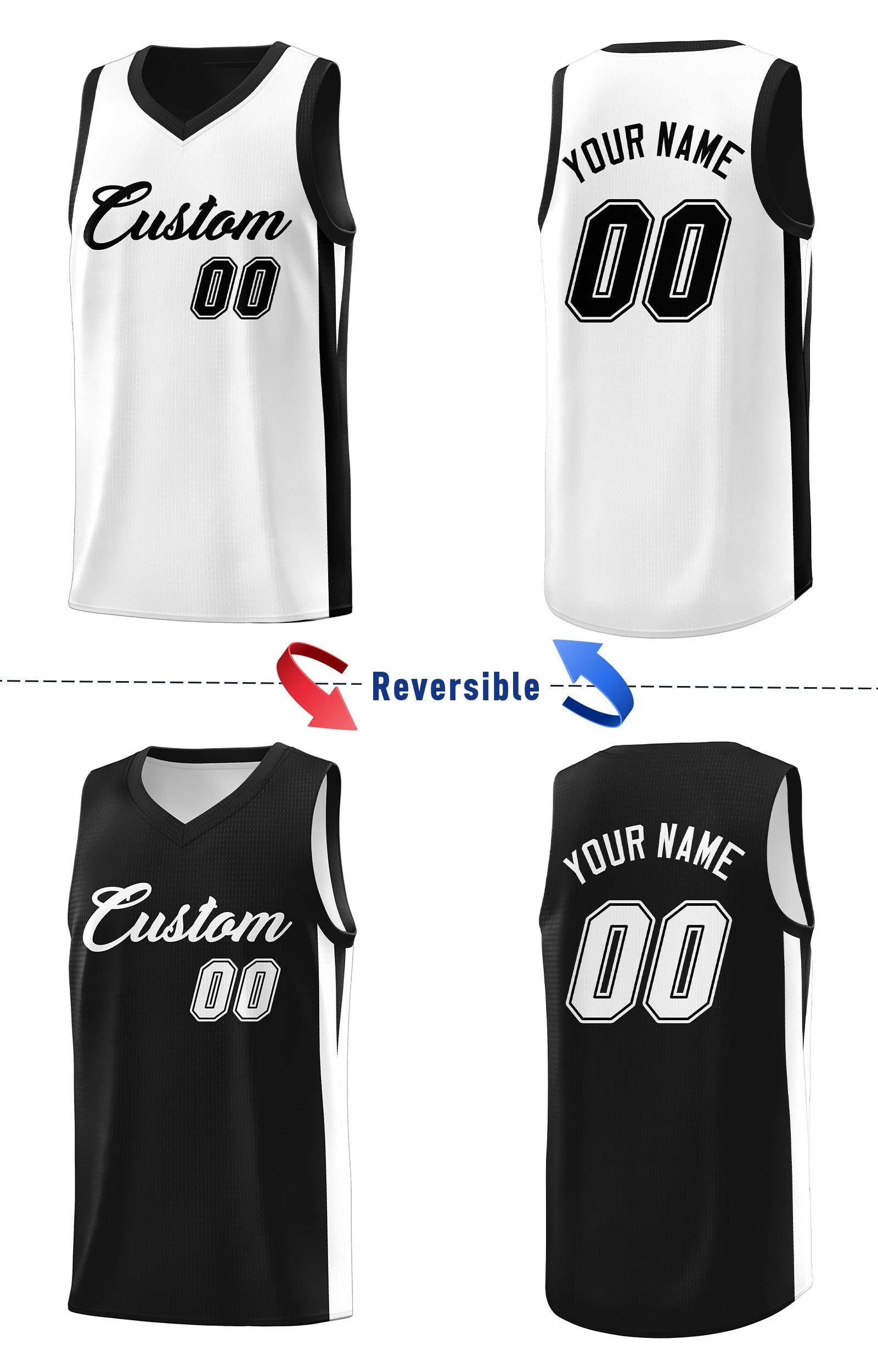 Benutzerdefinierte schwarz weiß doppelseitige Tops Athletic Basketball Jersey