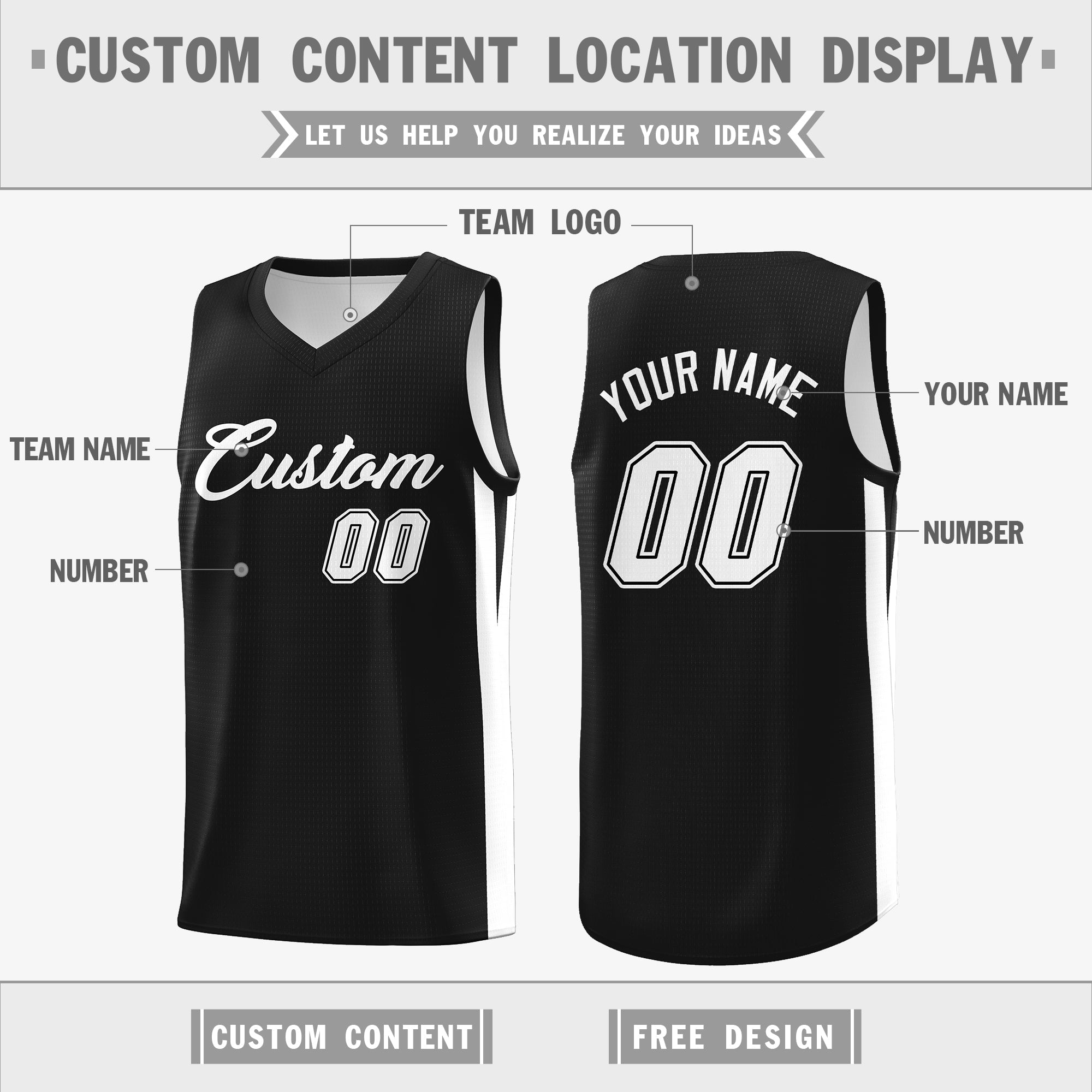 Benutzerdefinierte schwarz weiß doppelseitige Tops Athletic Basketball Jersey