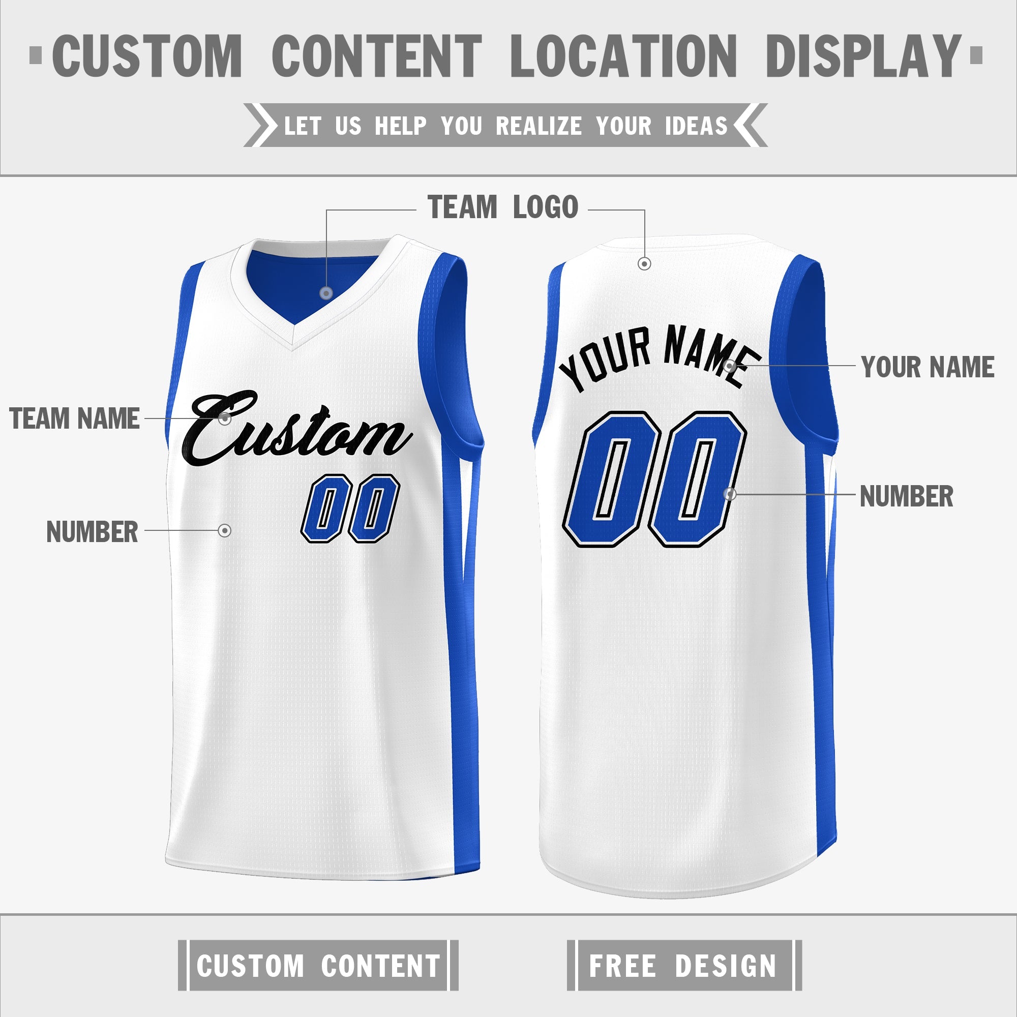 Benutzerdefinierte Royal White Double Side Tops Athletic Basketball Jersey
