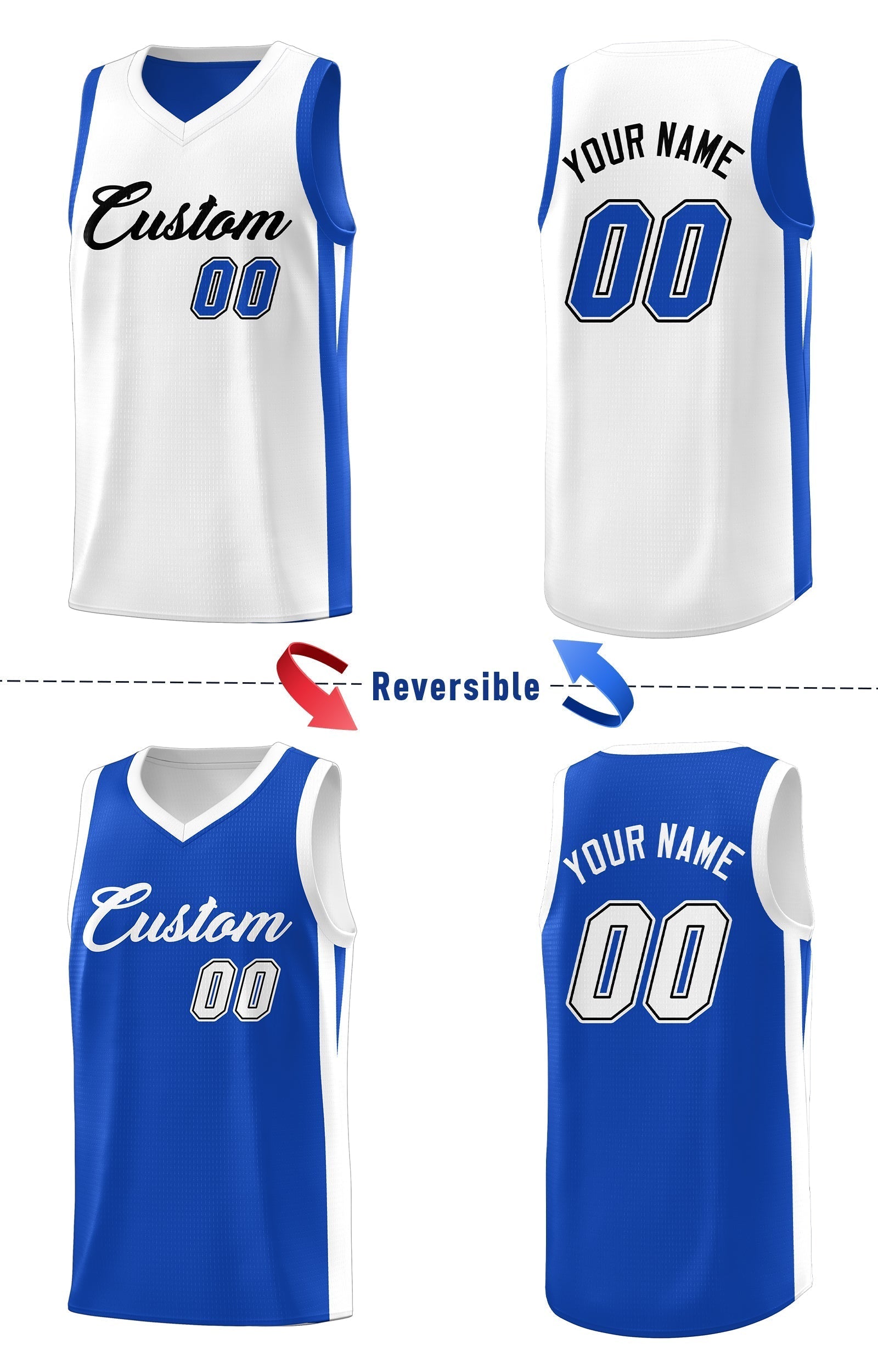 Benutzerdefinierte Royal White Double Side Tops Athletic Basketball Jersey