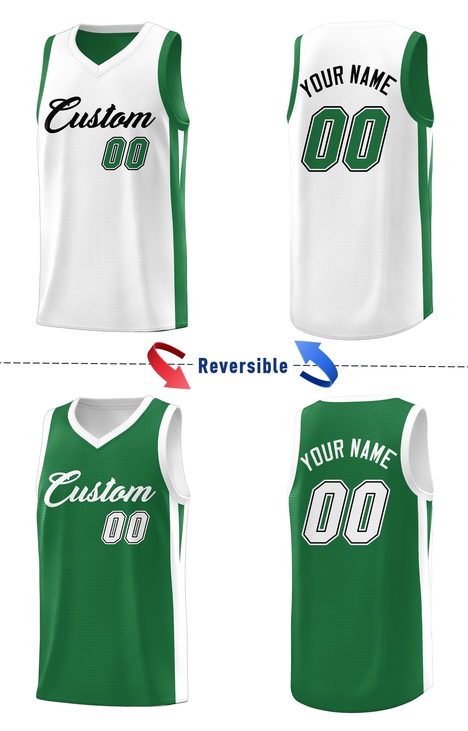 Benutzerdefinierte grün weiß doppelseitig Tops Athletic Basketball Jersey